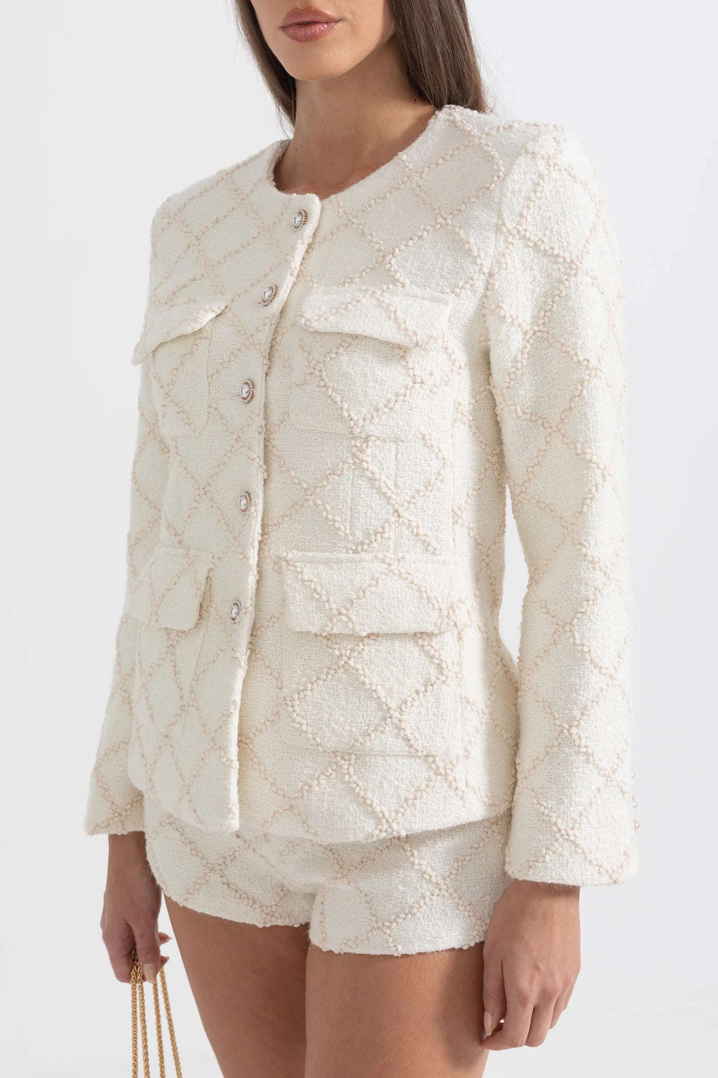 Diamond Patterned Jacket With Matching Shorts - Ivoire