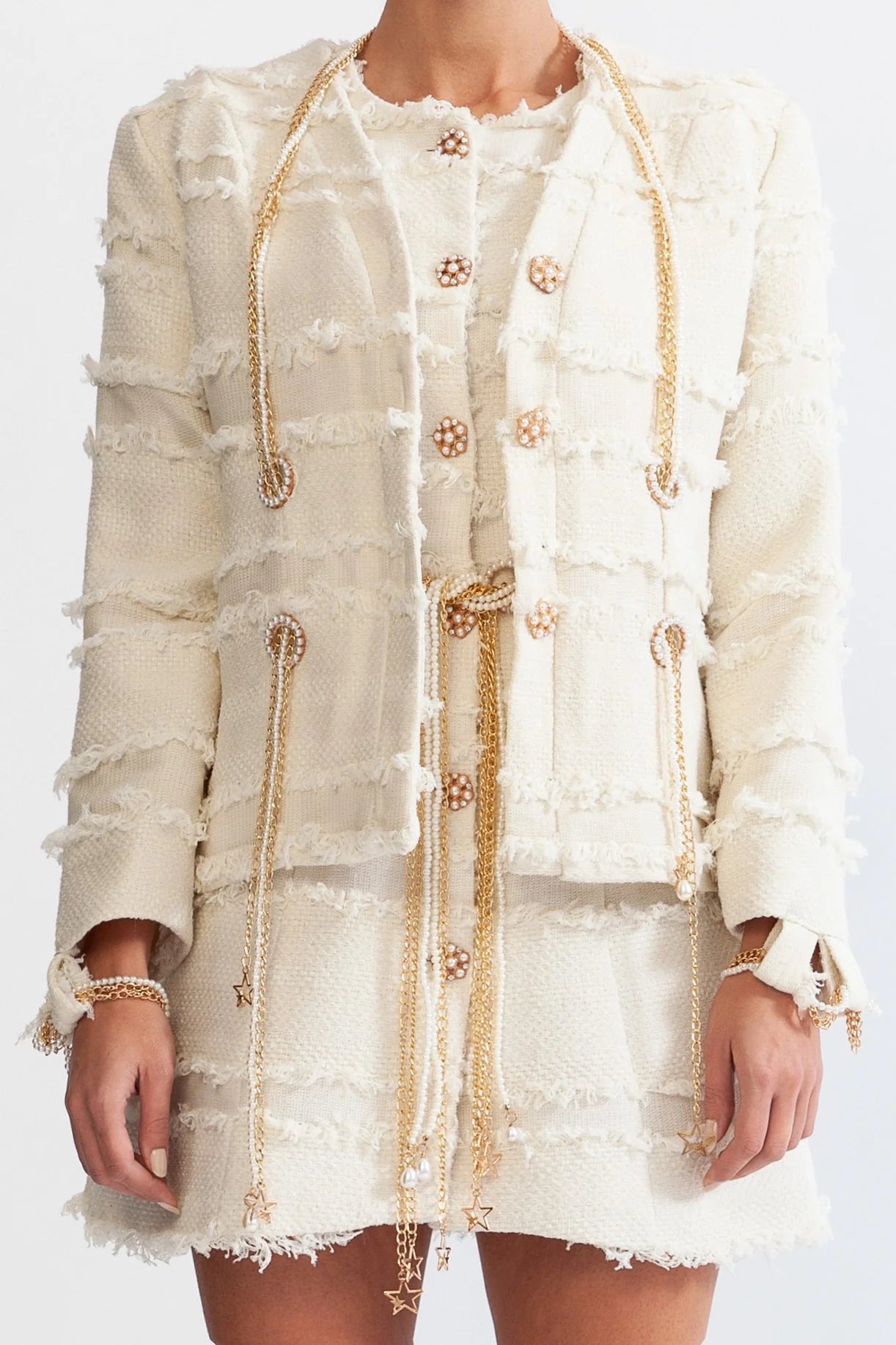 Tweed Blazer With Golden Chains And Pearls - Beige