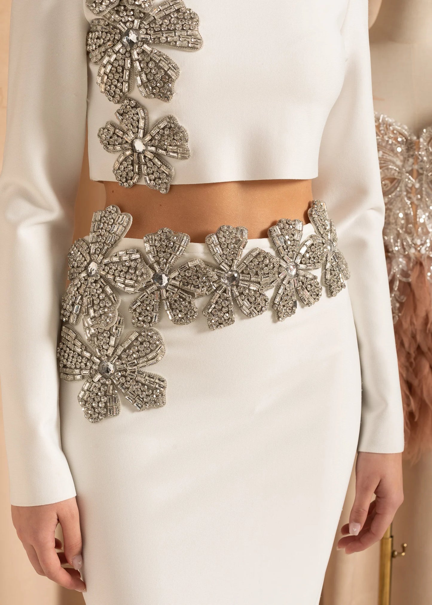 Silver Flowers 2 Piece Set With Long Sleeved Top And Maxi Skirt - White
