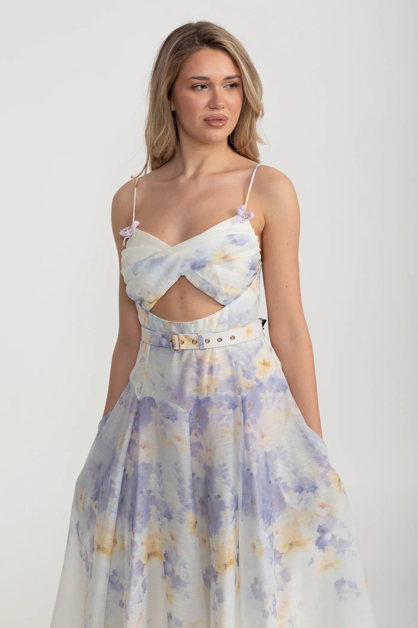 Watercolor Crisscross Cutout Midi Dress With Belt - Pastel