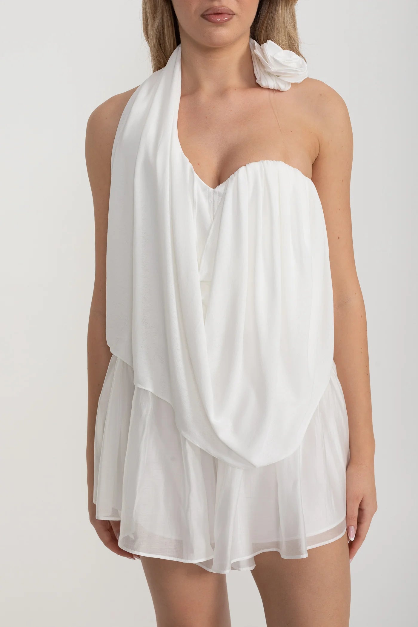 Draped Halter Top And Sheer Mini Skirt Set - White