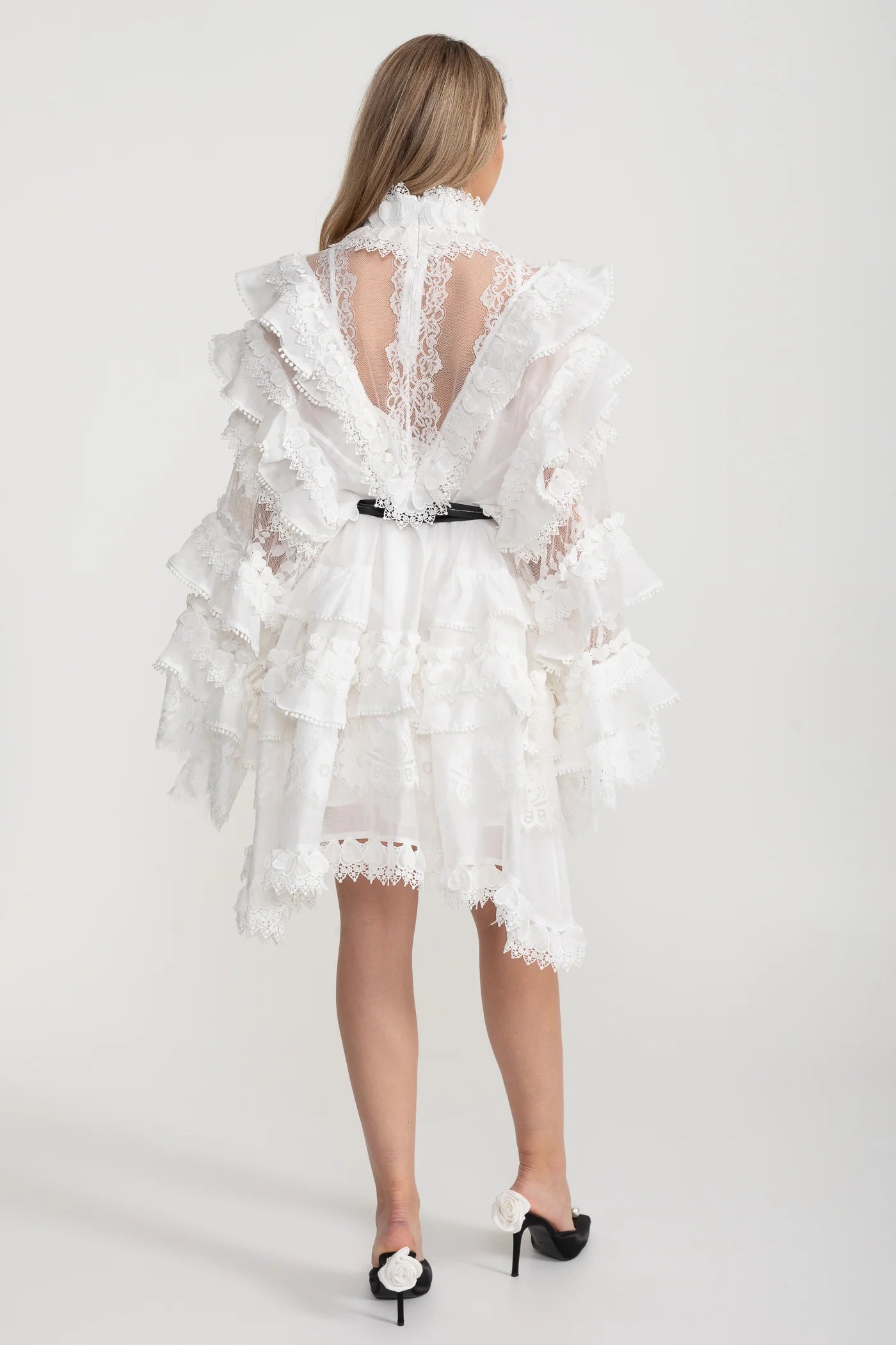 Victorian-Inspired Ruffled Lace Mini Dress – White