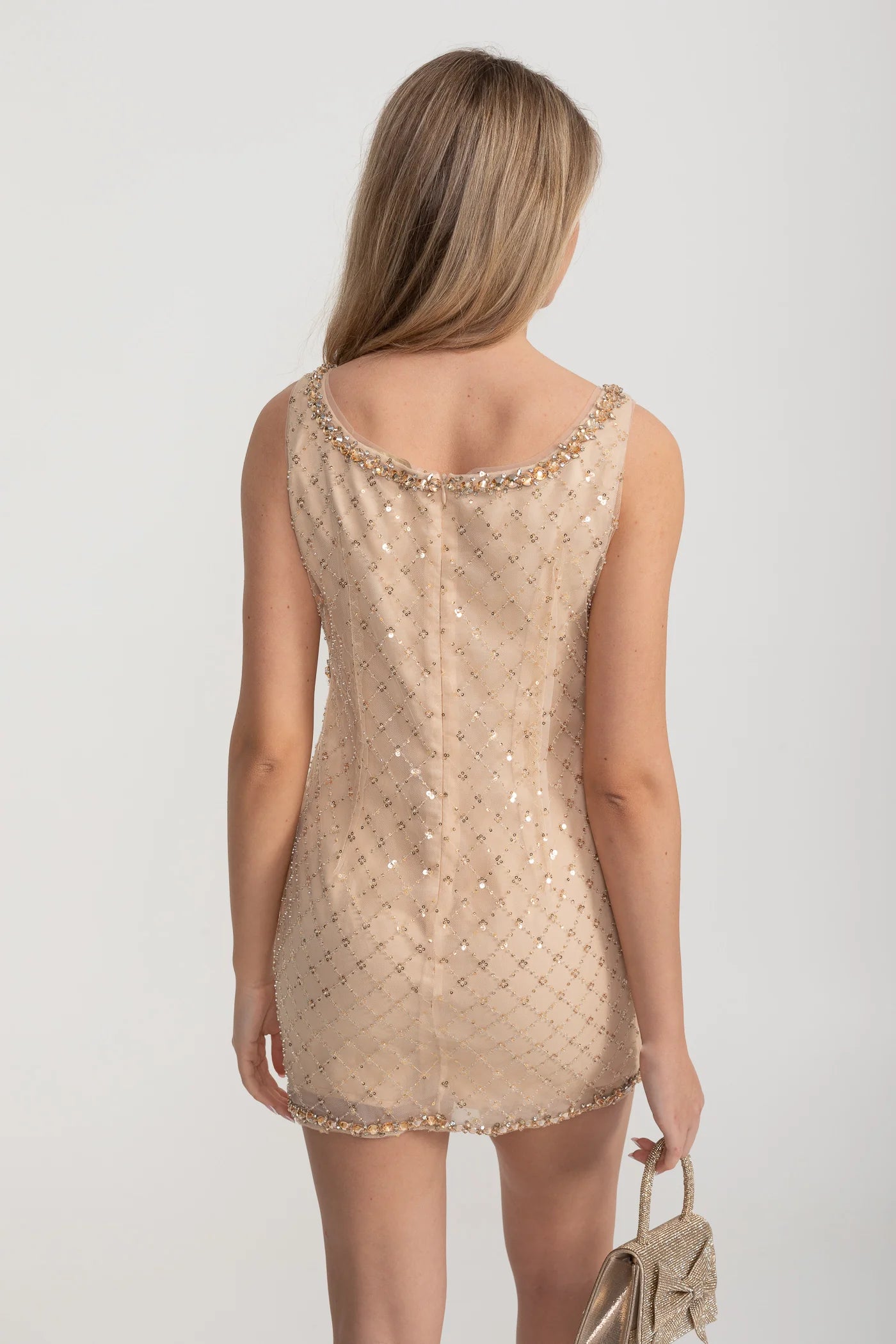 Embellished Sleeveless Mini Dress with Bow Detail – Nude