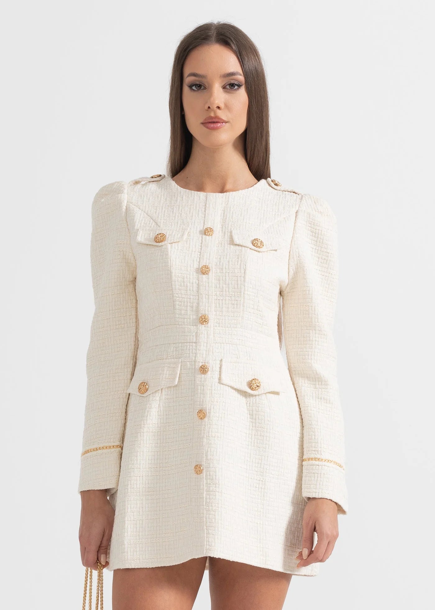 Mini Dress With Front Pockets And Gold Buttons - Ivoire