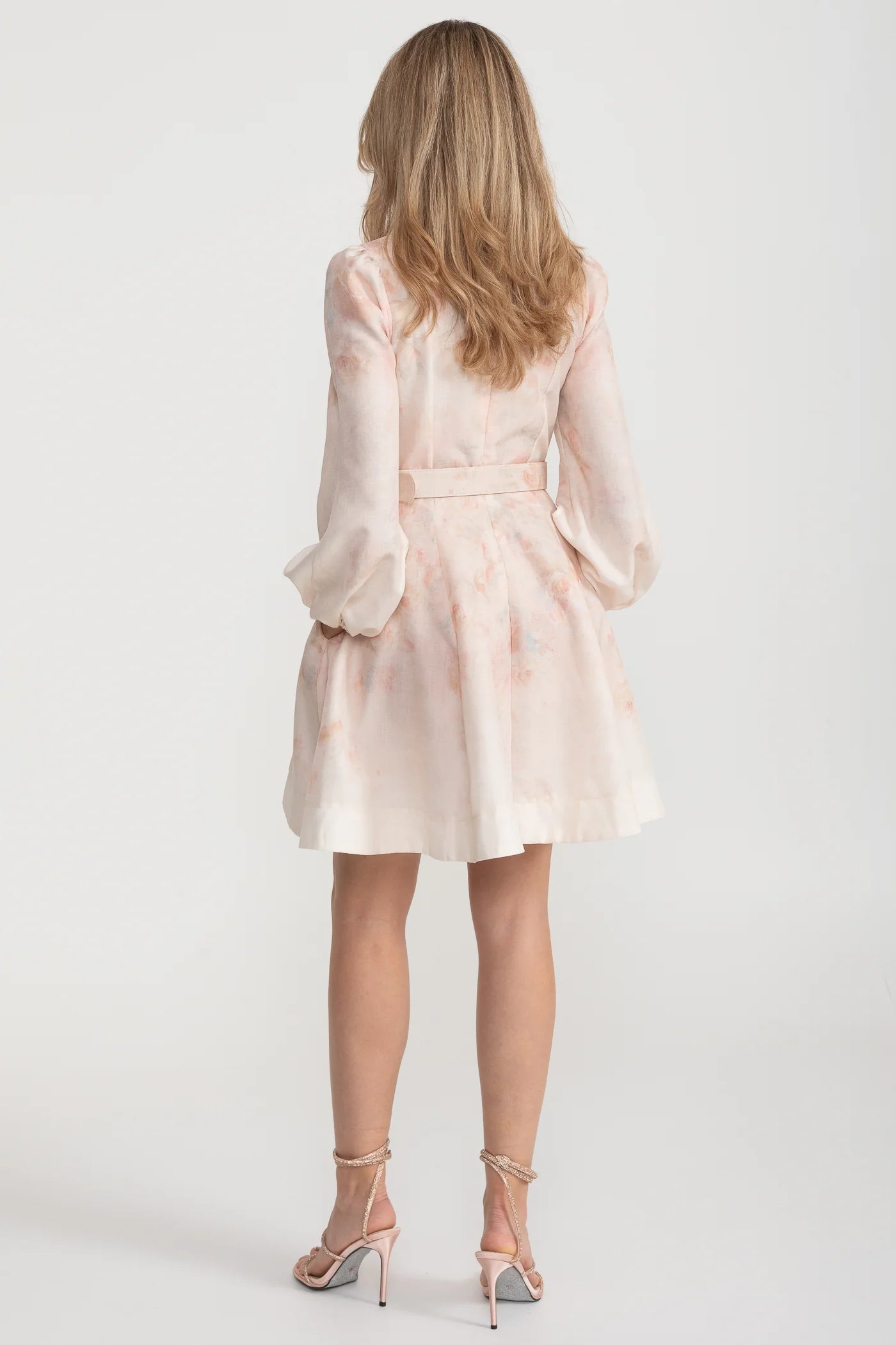 Watercolor Floral Belted Mini Dress with Mandarin Collar – Blush