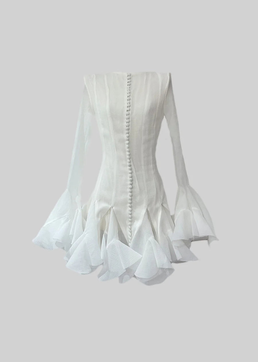 Chic Mini Dress With See-Through Sleeves And Flared Hemline - White