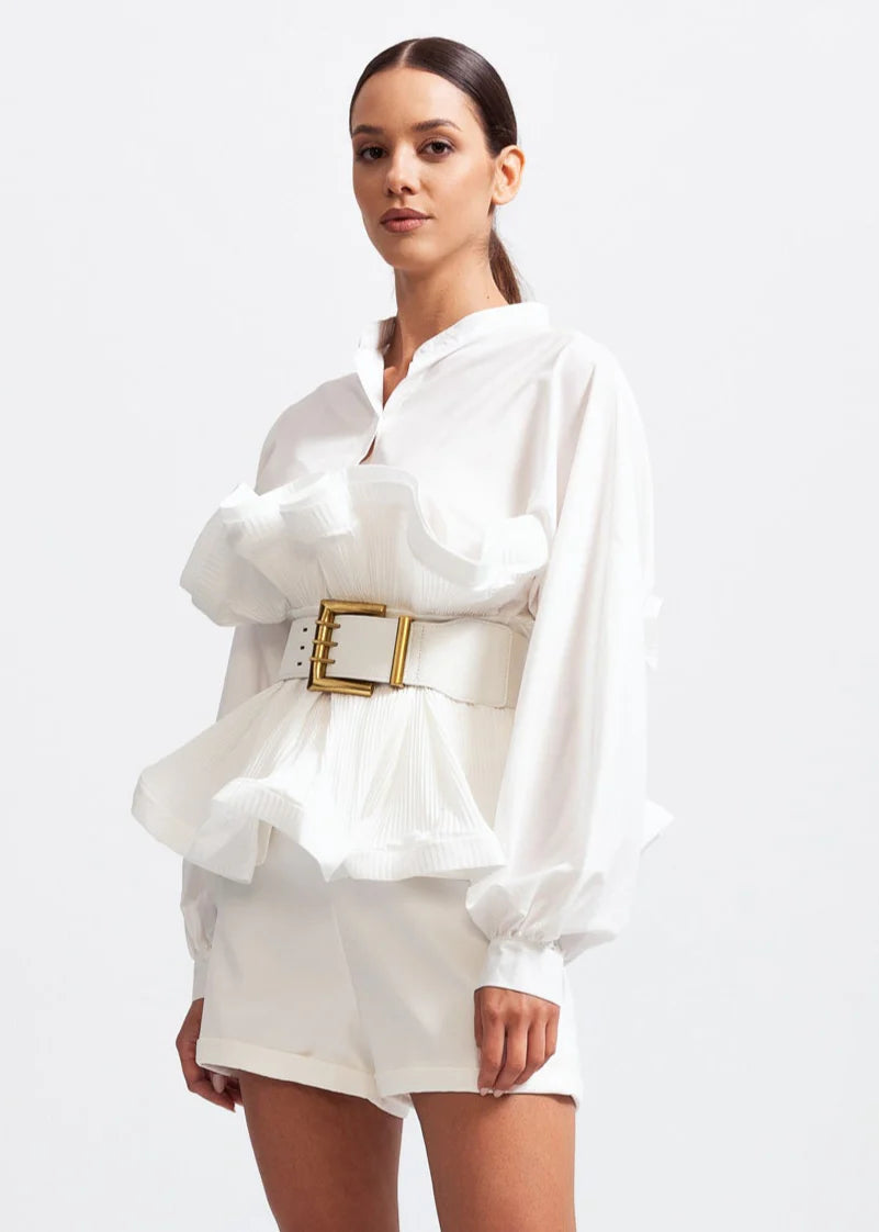 Ruffle Shirt with Oversized Belt And Flowing Sleeves - White