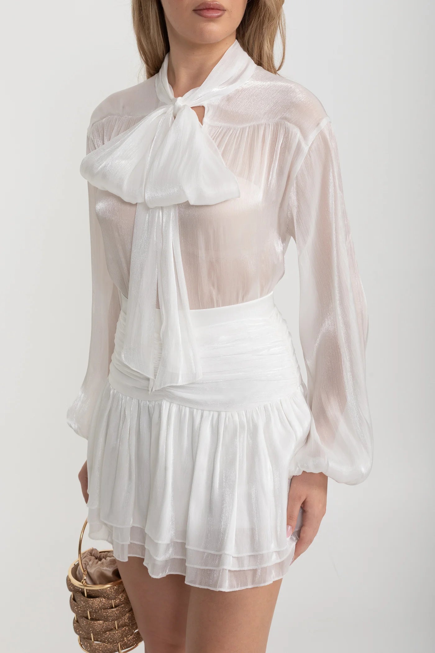 Sheer Bow Blouse And Layered Mini Skirt Set - White