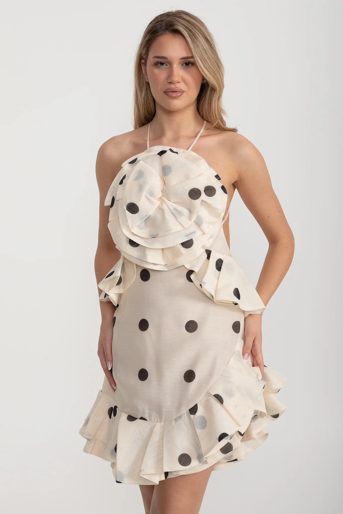 Polka Dot Halter Mini Dress with Ruffled Rosette Detail – Ivoire