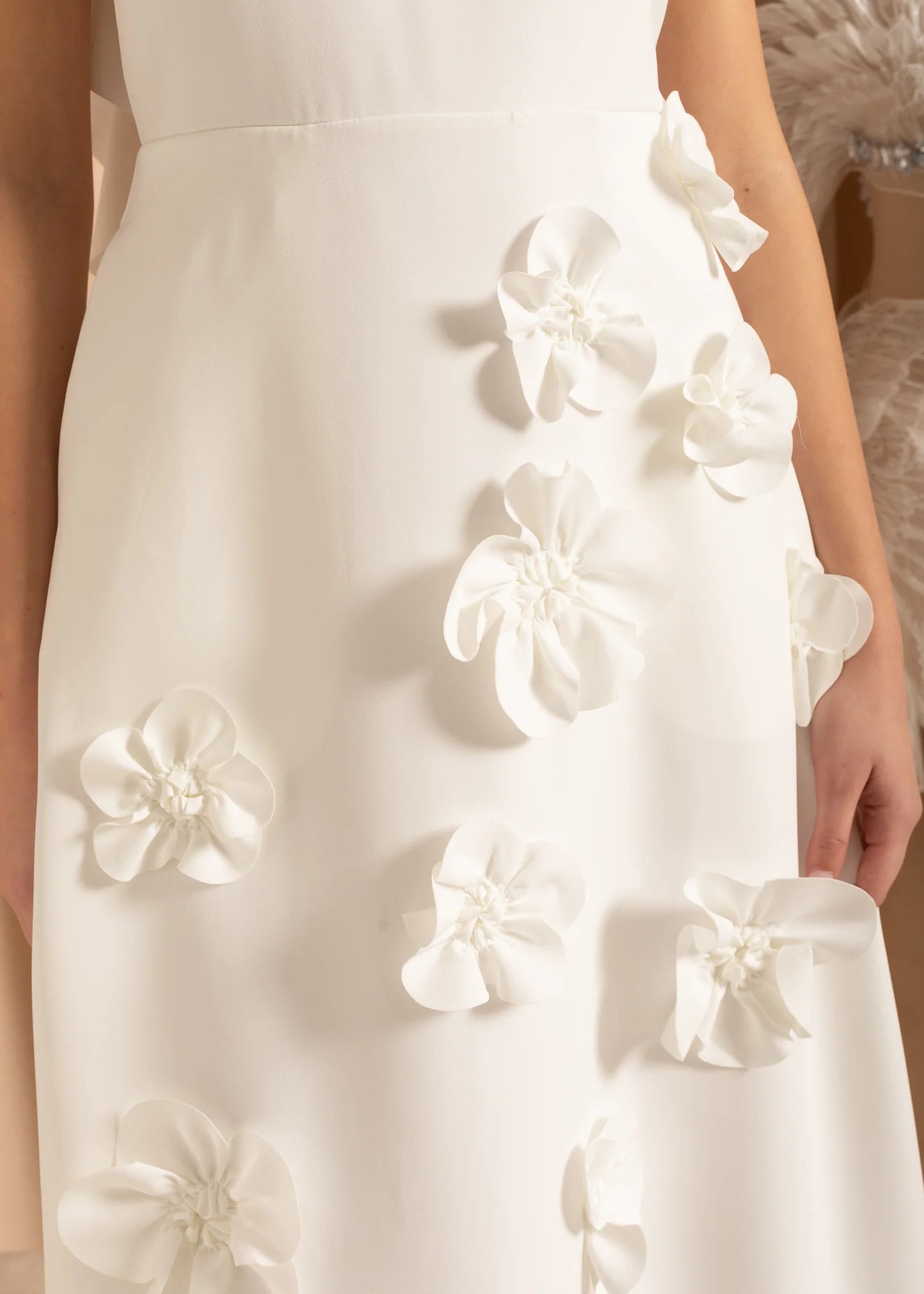 Elegant Gown With Ruffled Shoulder Straps And 3D Flowers Skirt - White