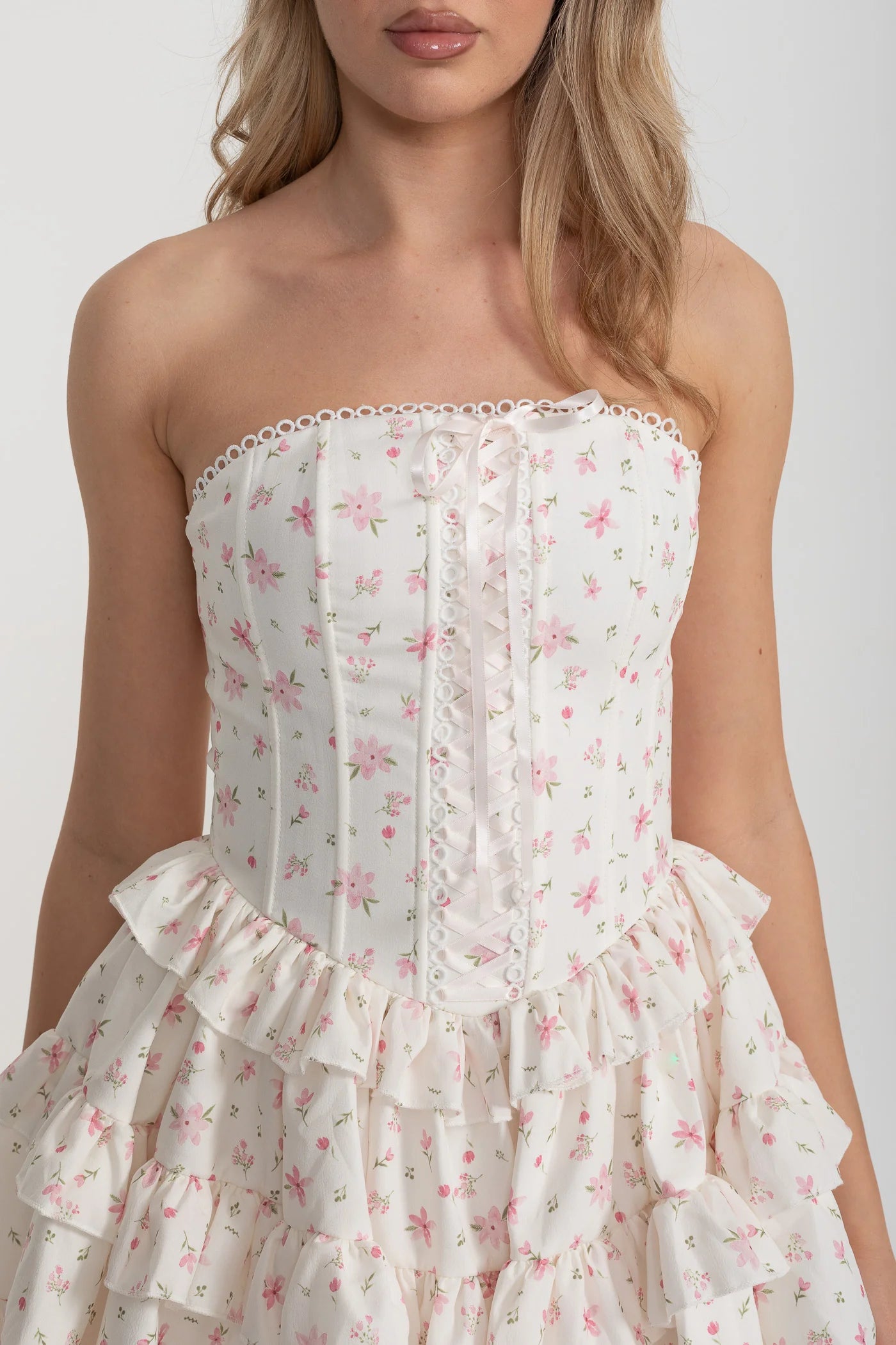 Strapless Ruffled Mini Dress with Floral Print - White/Pink