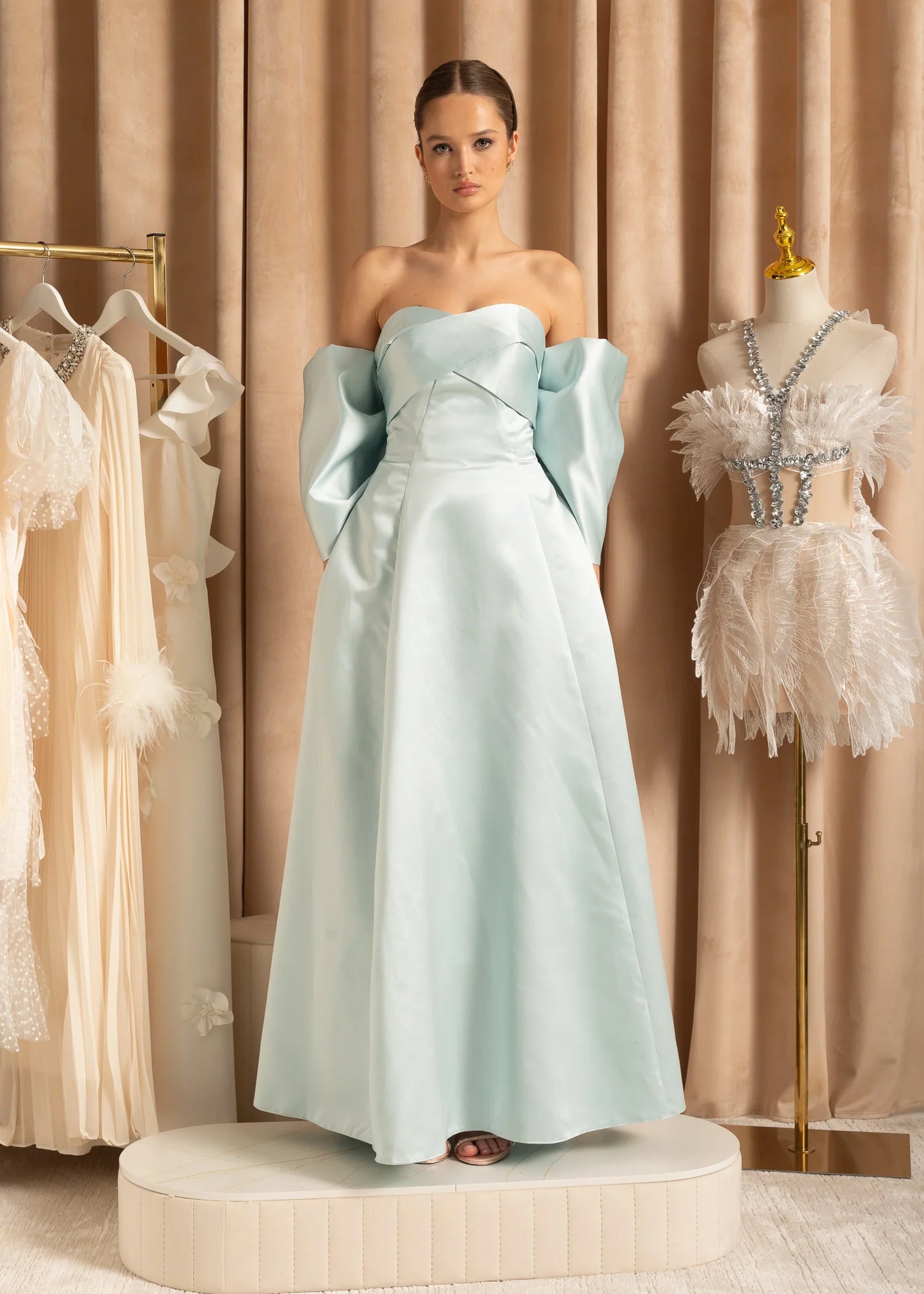 Elegant Satin Strapless Dress With Oversized Back Bow - Baby Blue