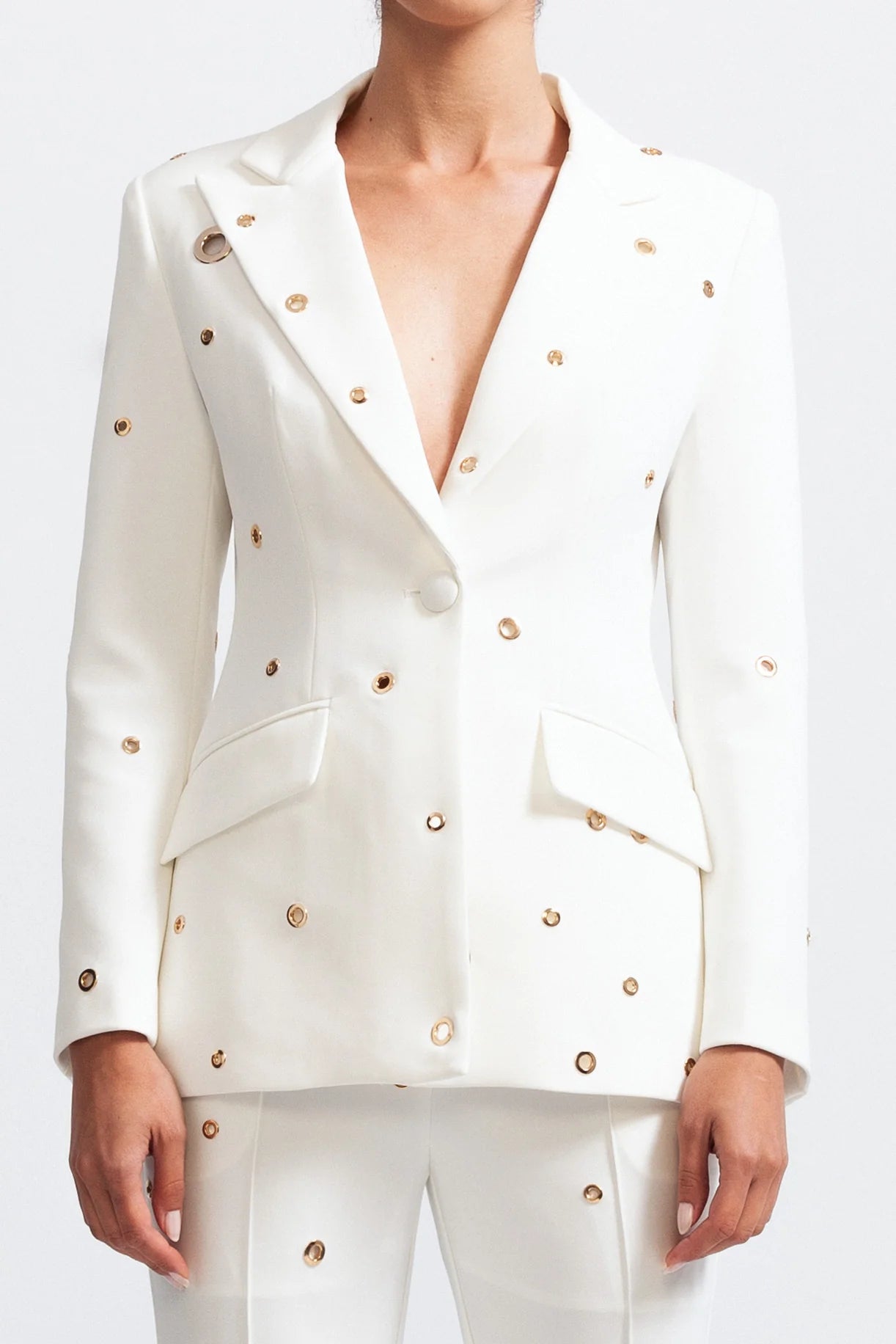 Elegant Two Piece Ensemble With Metallic Details - White