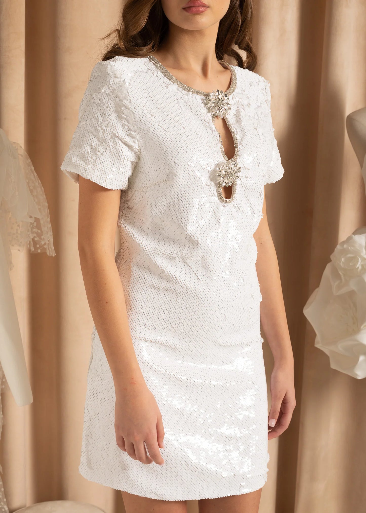 Short Sleeves Sequin Textured Mini Dress With Sparkling Neckline - White