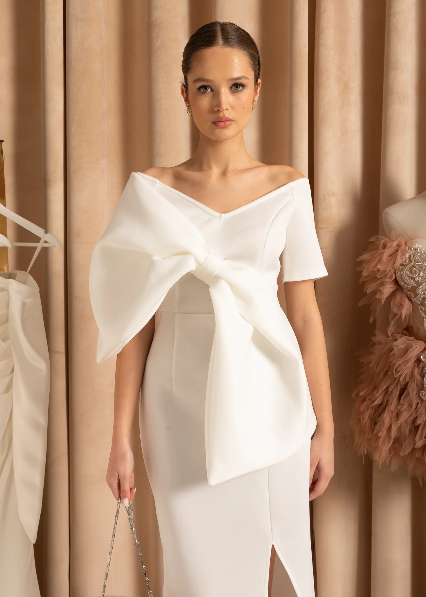 Strapless Midi Dress With Oversized Decorative Bow - White