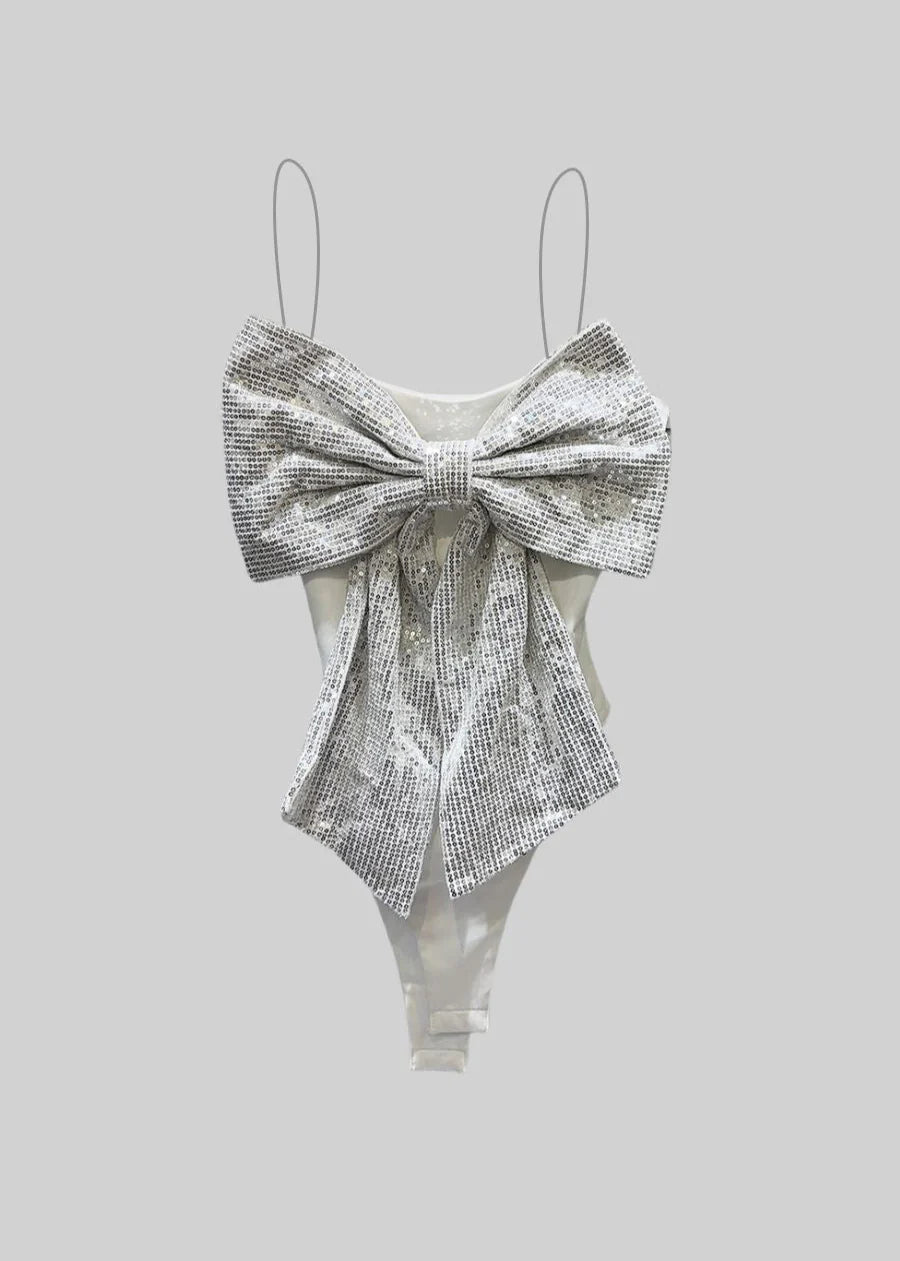 Bodysuit With Oversized Sequin Bow - White