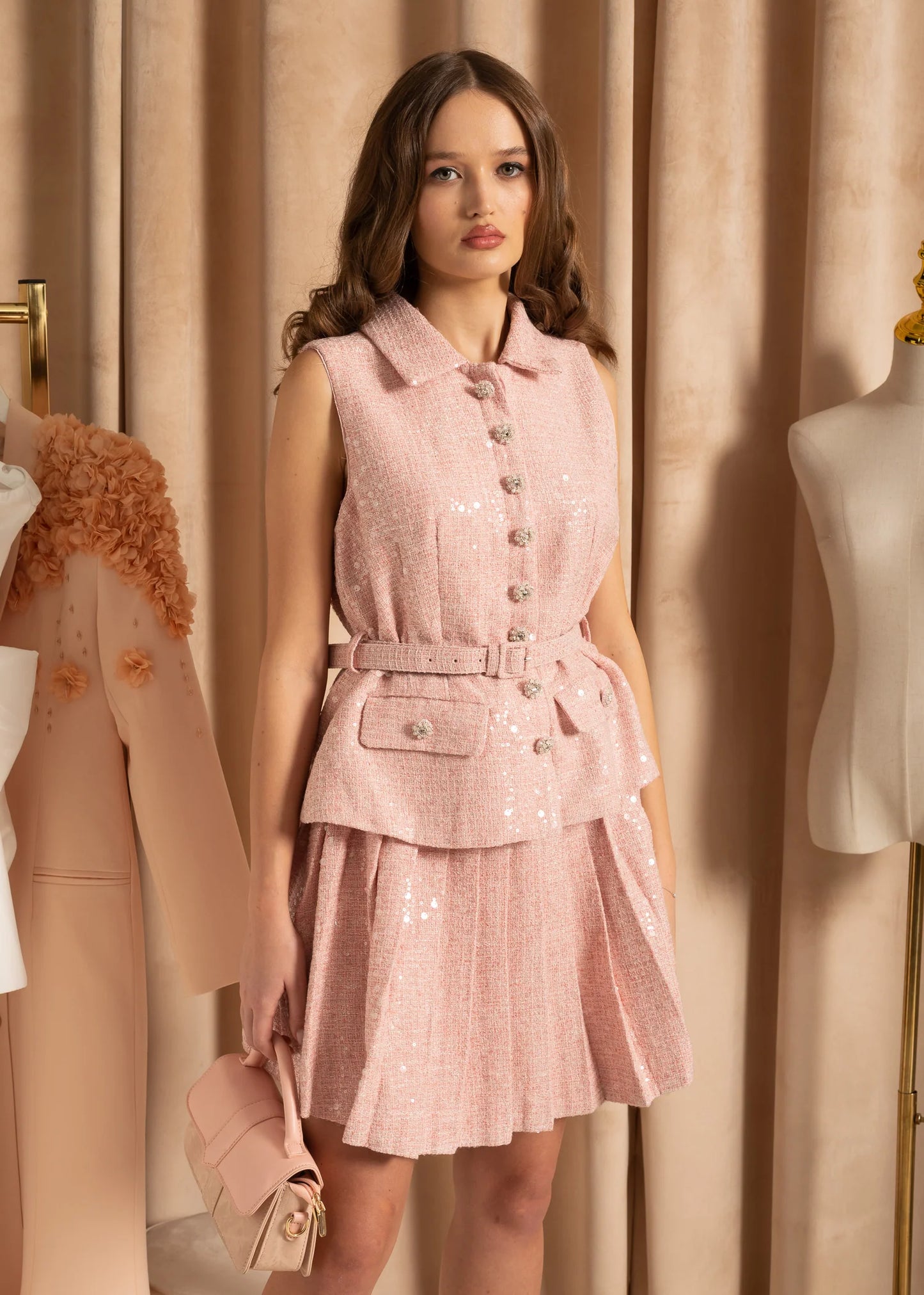 Textured Dress With Waistbelt And Pleated Mini Skirt - Pink