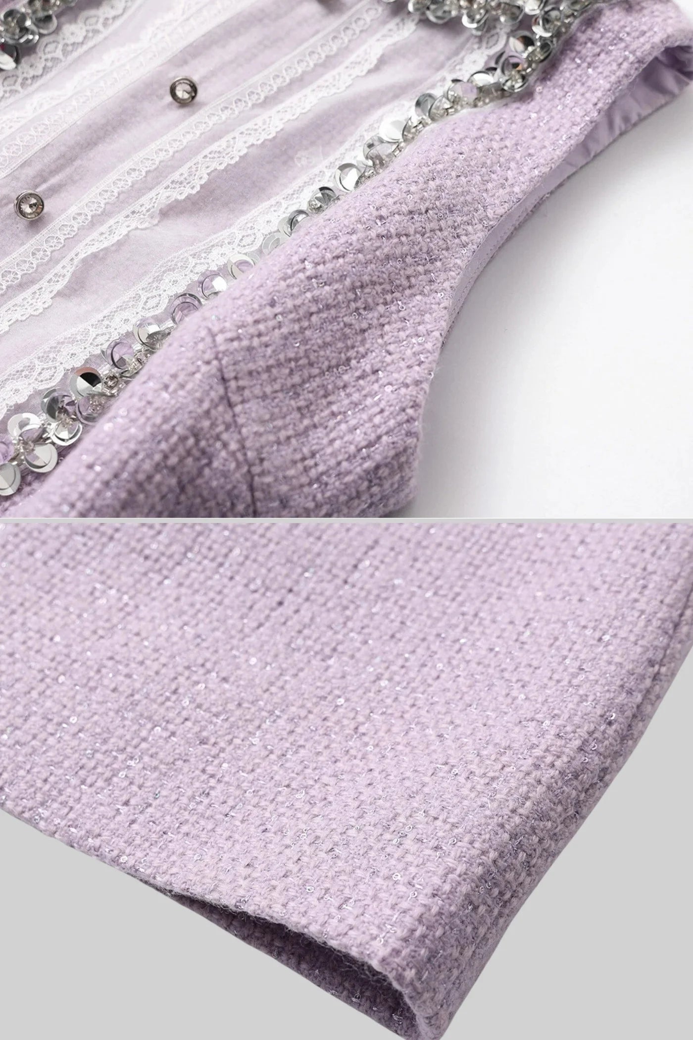 Knit Sequin Mini Dress With Lace Detailing - Purple