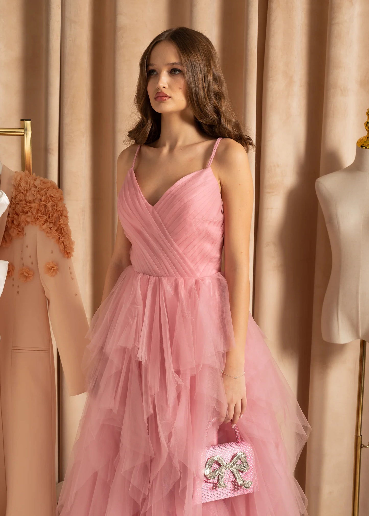 Elegant Tulle Gown With Flowing Full-Length Skirt - Peach