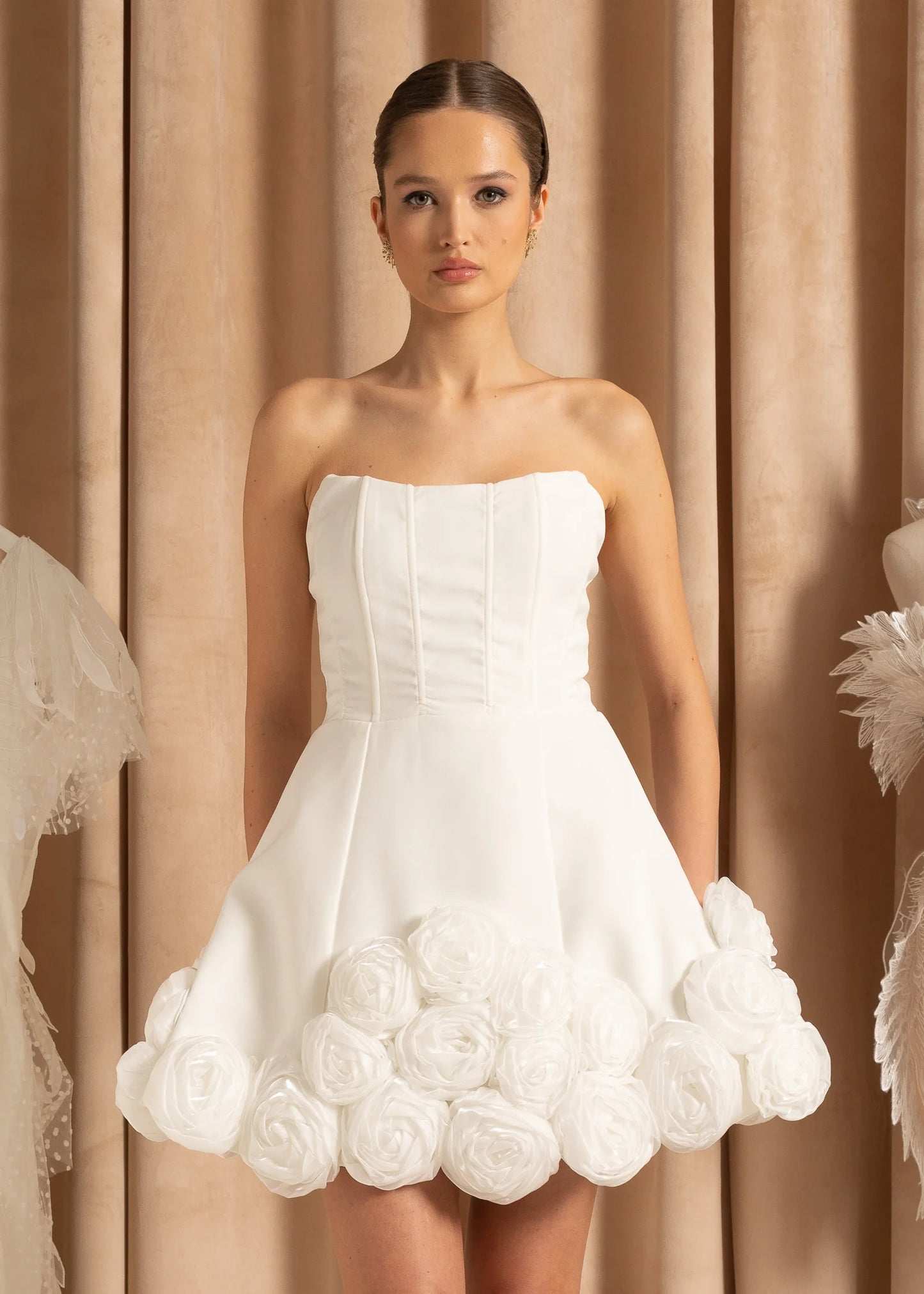 Sleeveless Fitted Mini Dress With 3D Roses On Hem - White