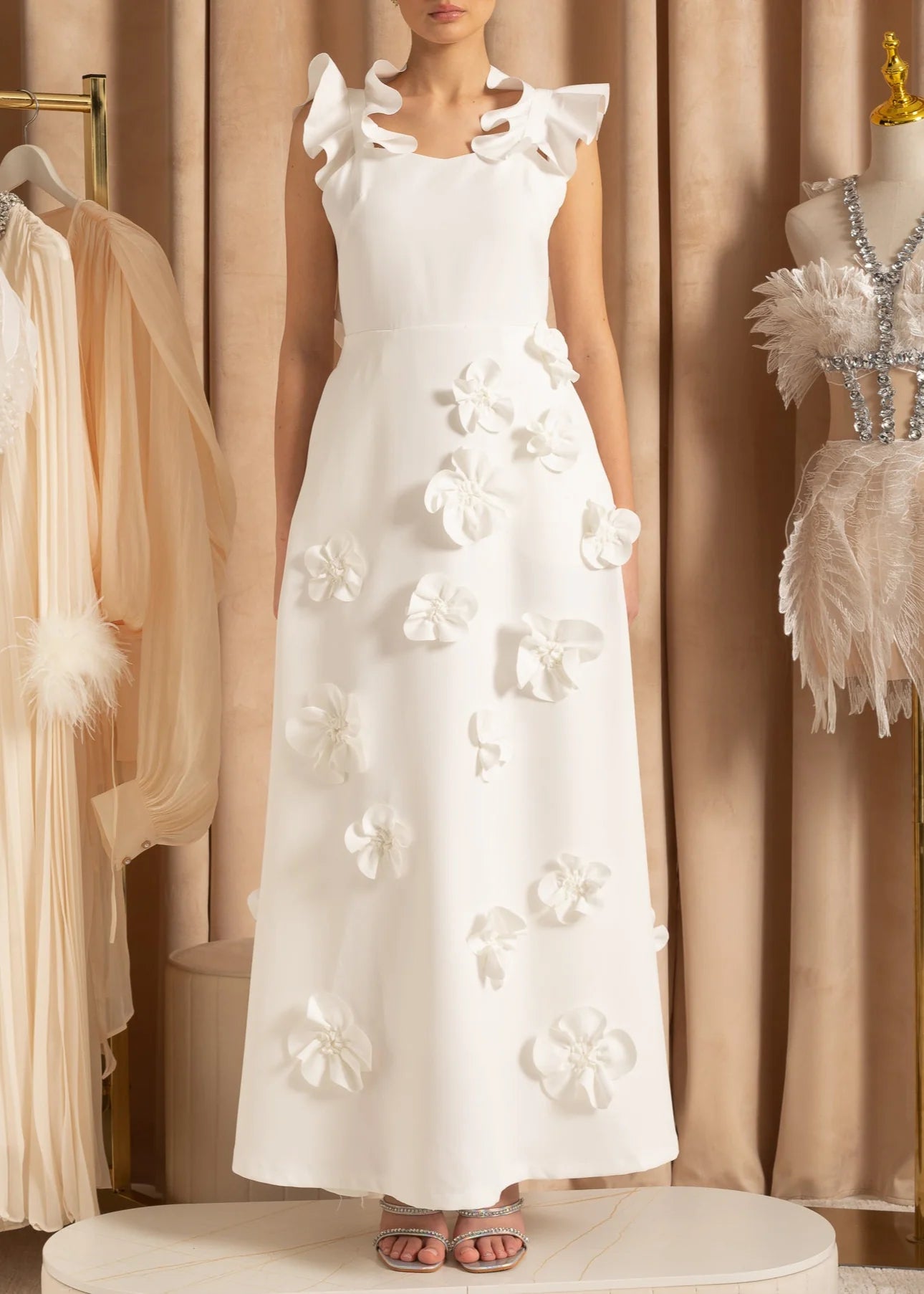 Elegant Gown With Ruffled Shoulder Straps And 3D Flowers Skirt - White