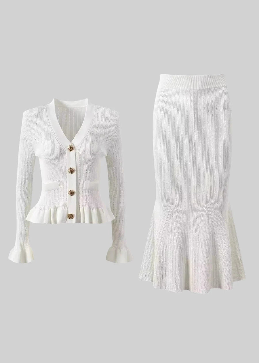 Knit Jacket With Ruffled Hemline & Matching Flared Skirt Set - White