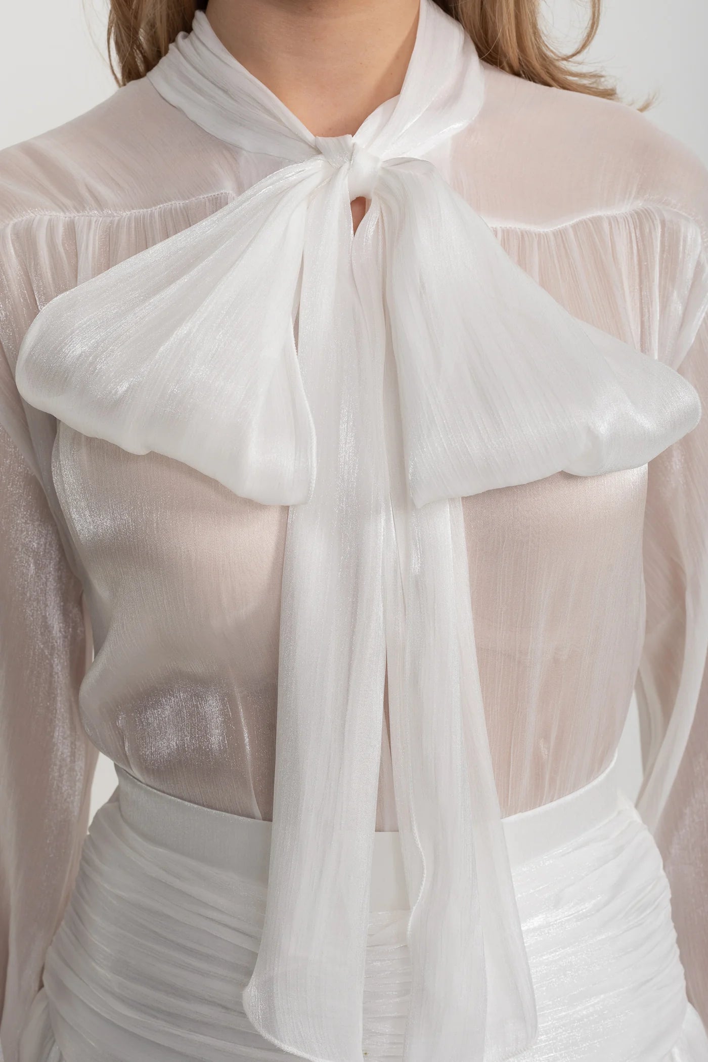 Sheer Bow Blouse And Layered Mini Skirt Set - White