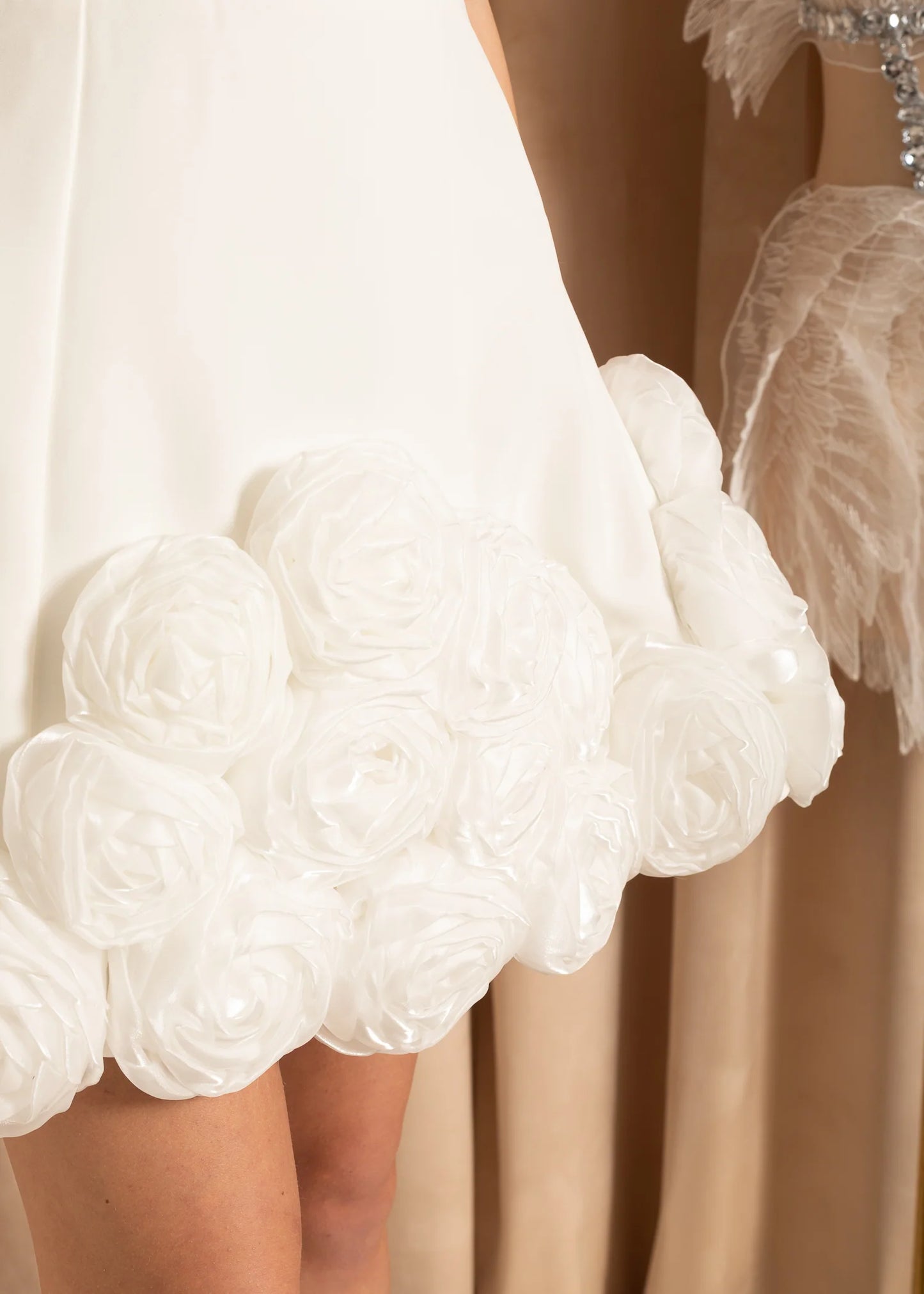 Sleeveless Fitted Mini Dress With 3D Roses On Hem - White