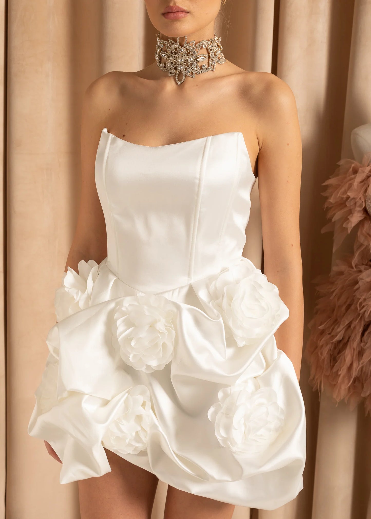 Sleeveless Satin Mini Dress With 3D Floral Mini Skirt - White