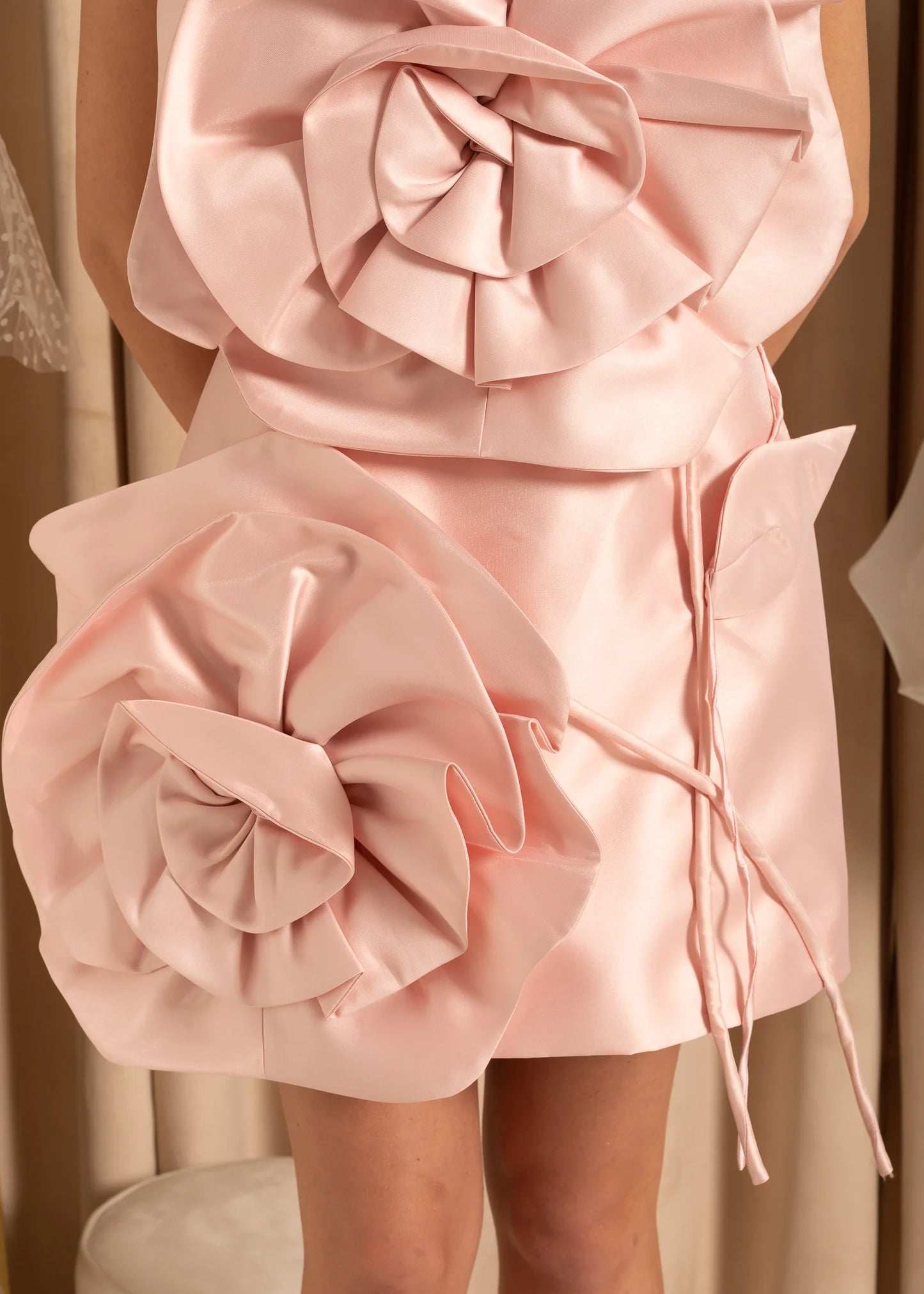 Satin Mini Dress With Oversized 3D Flowers - Light Pink