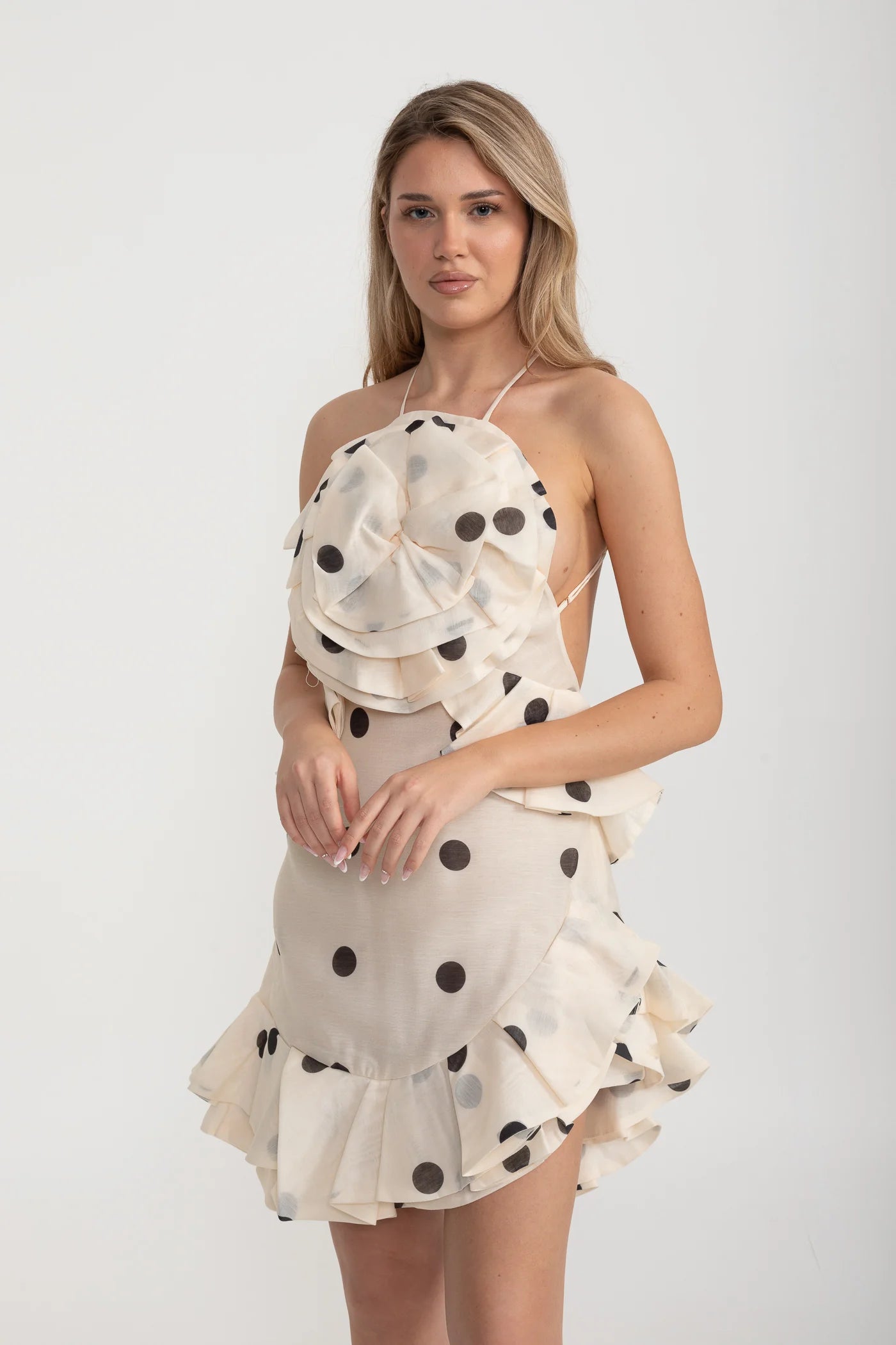 Polka Dot Halter Mini Dress with Ruffled Rosette Detail – Ivoire