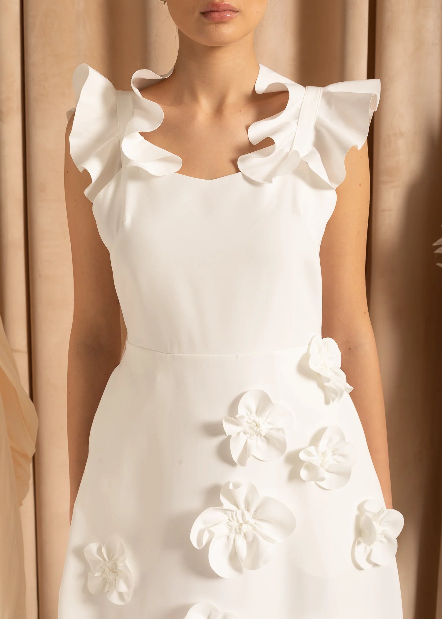 Elegant Gown With Ruffled Shoulder Straps And 3D Flowers Skirt - White