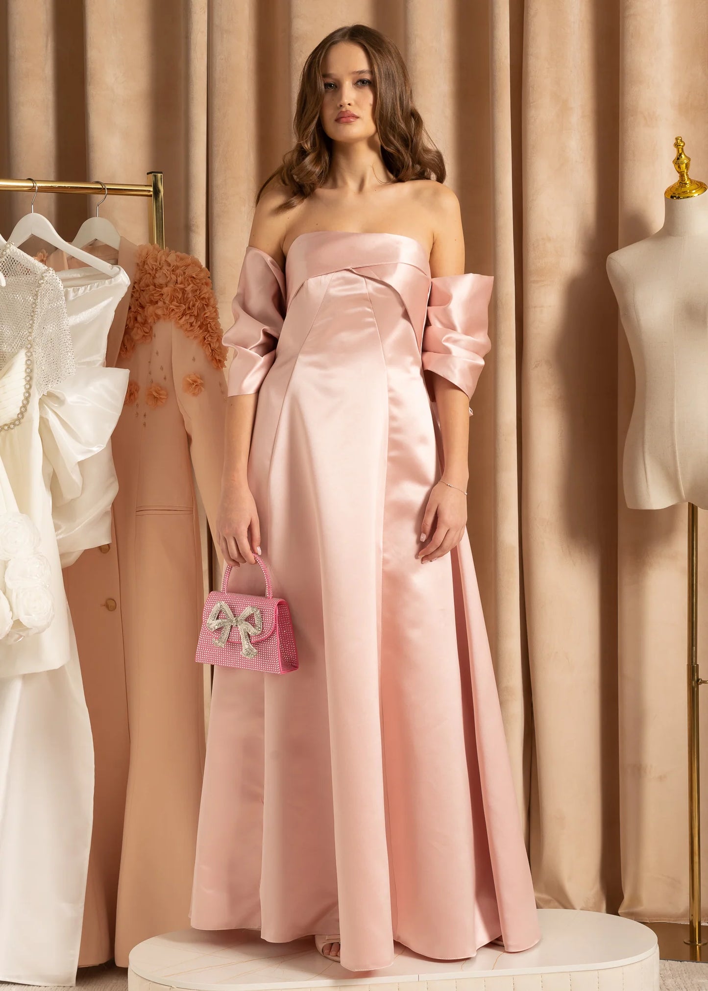Elegant Satin Strapless Dress With Oversized Back Bow - Peach