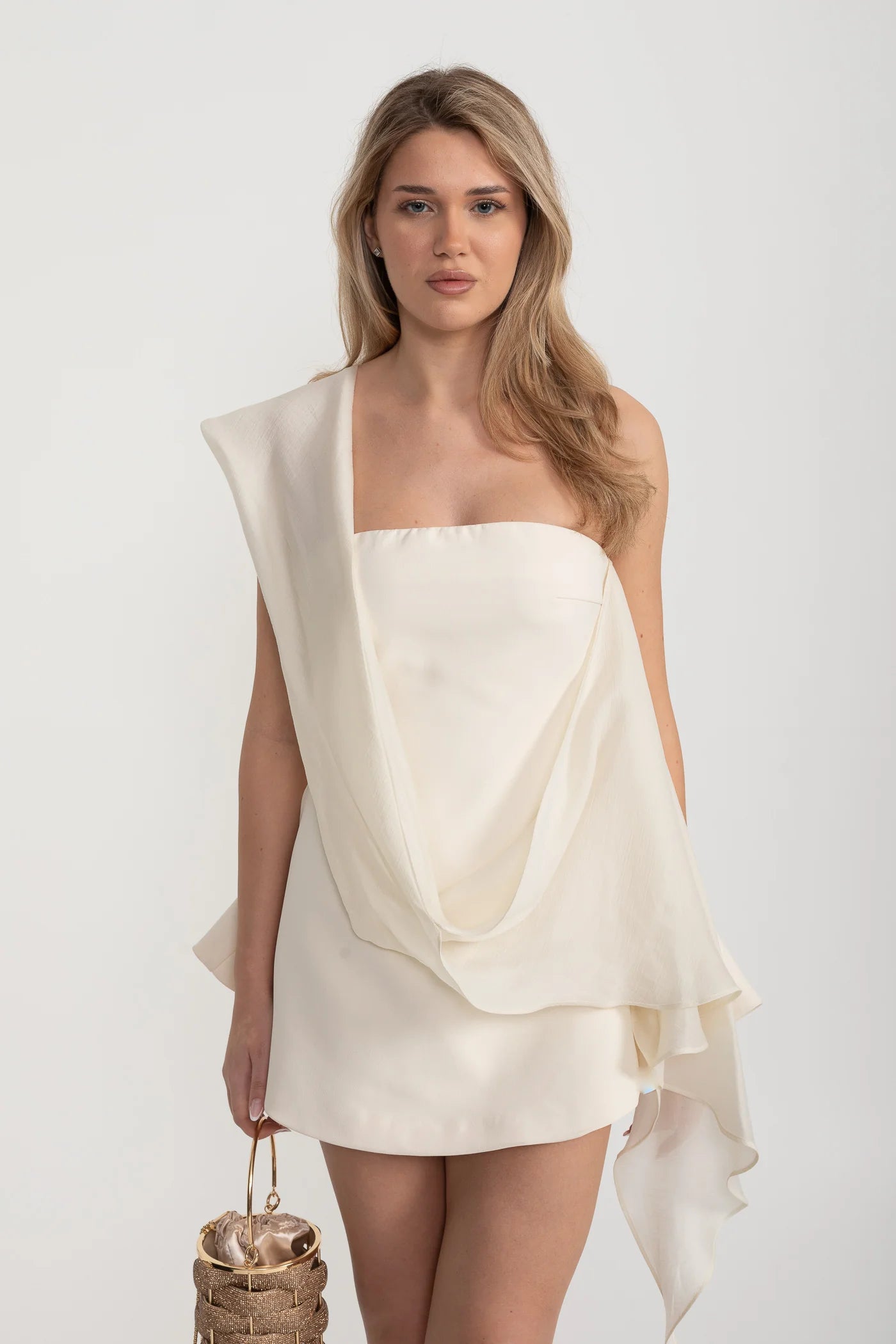 Asymmetric Draped Mini Dress with One-Shoulder Detail - Ivoire