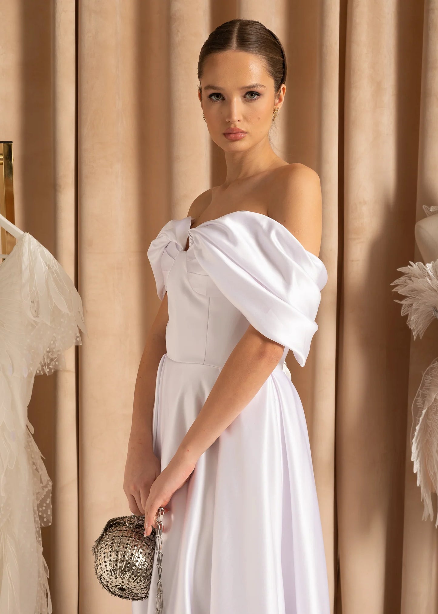 Elegant Off-Shoulder Satin Maxi Dress With Back Ribbon Closure - White