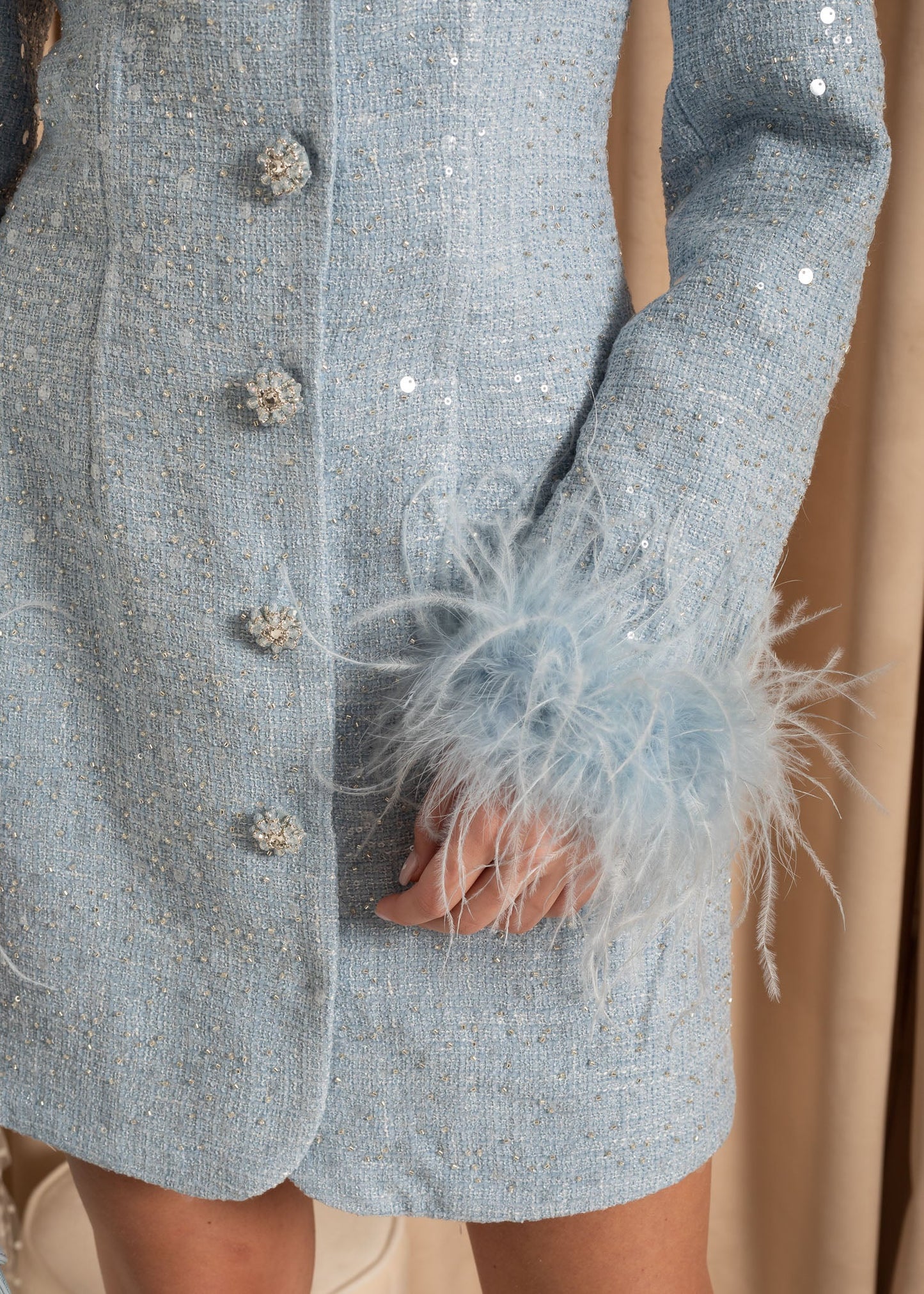 Textured Dress With Silver Detailing And Feathered Cuffs - Blue