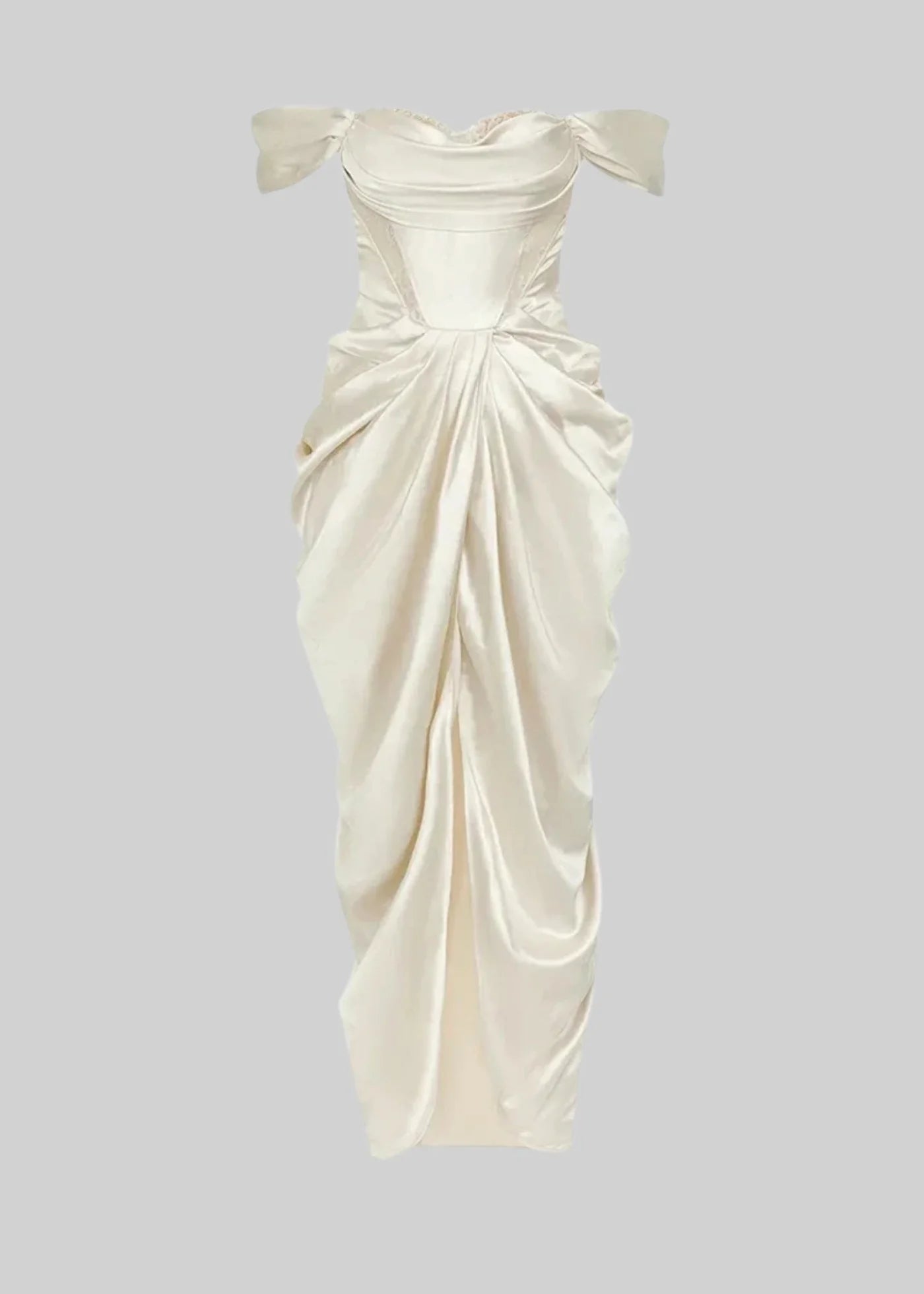 Elegant Off-Shoulder Satin Gown With Lace Details And Flowing Skirt - Ivoire