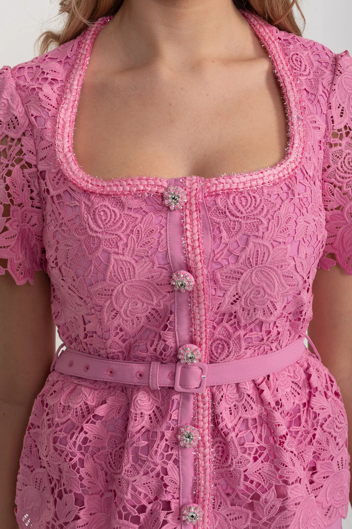 Lace Bodice Set With Peplum Detail And Midi Skirt - Pink