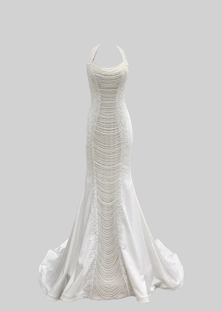 Exquisite Satin Evening Gown With Pearls - White