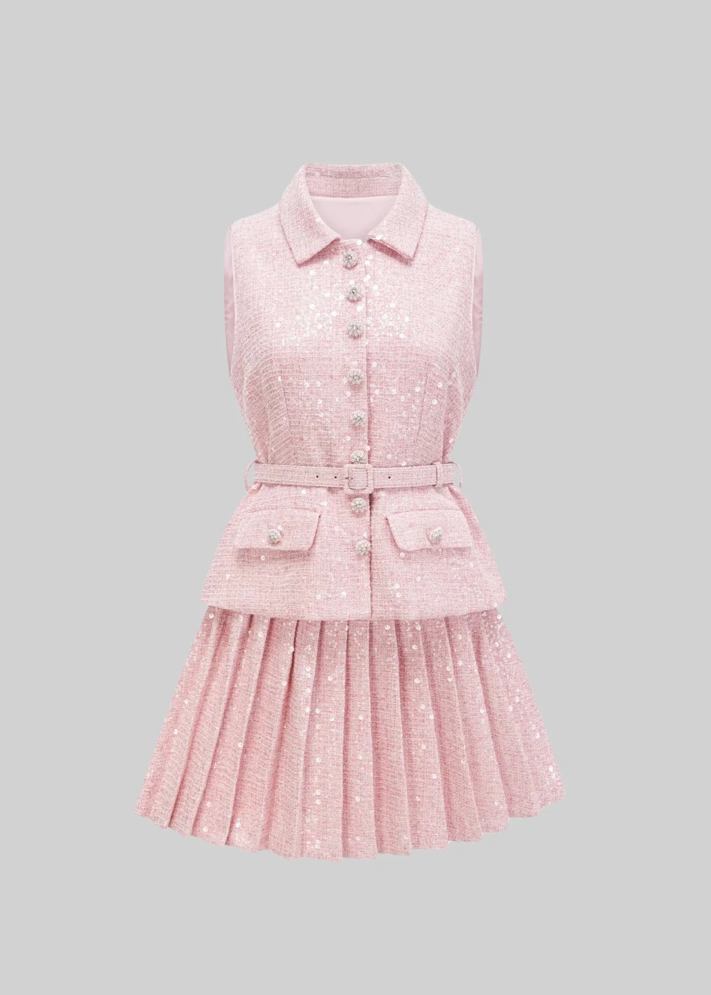 Textured Dress With Waistbelt And Pleated Mini Skirt - Pink