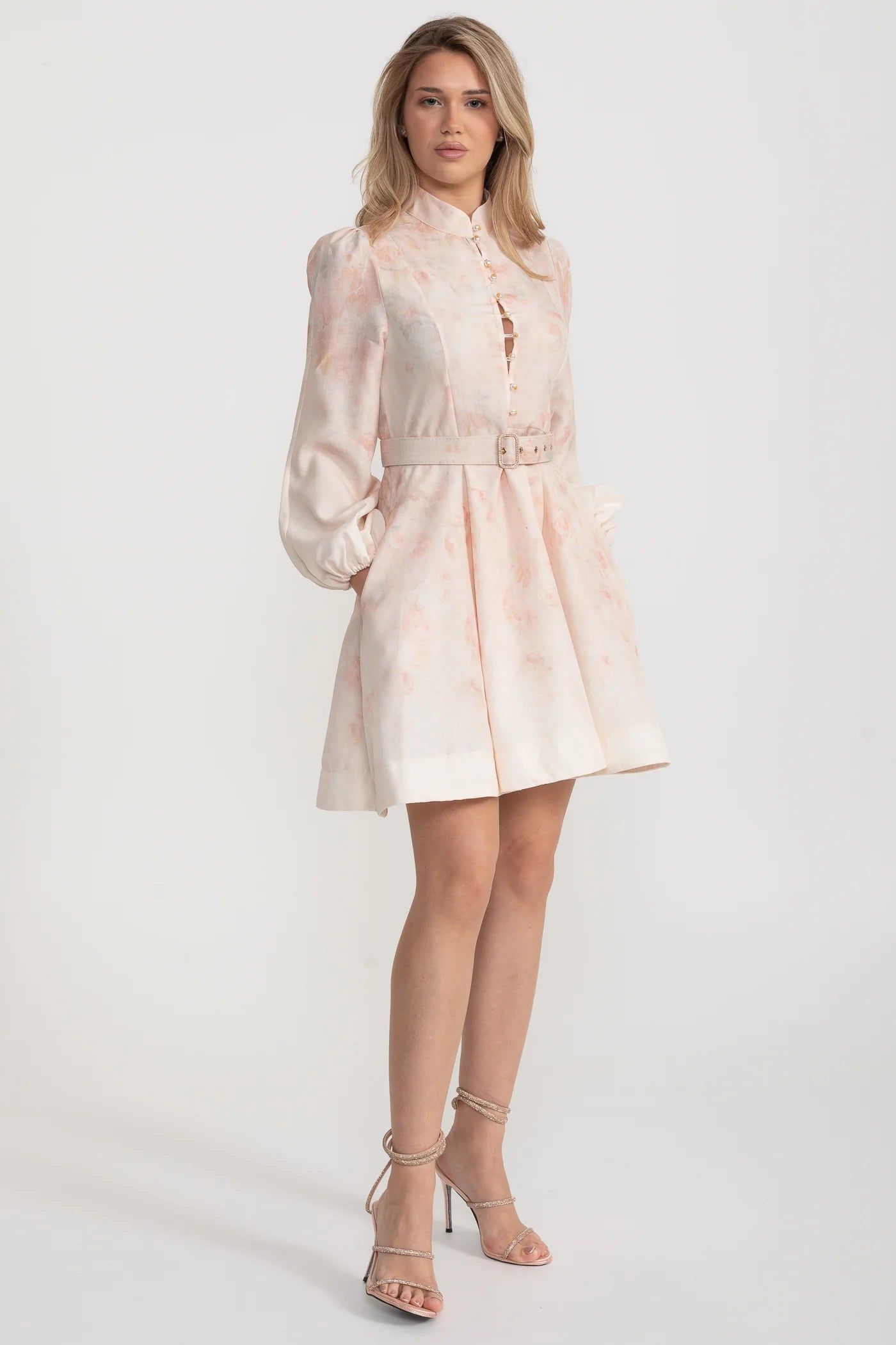 Watercolor Floral Belted Mini Dress with Mandarin Collar – Blush
