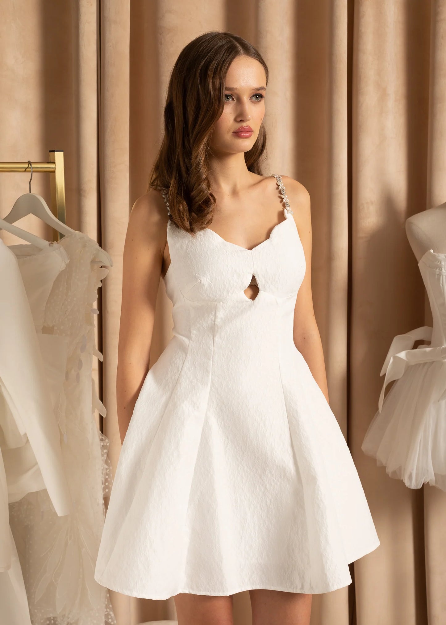 Elegant Mini Dress With Front Keyhole Cutout - White