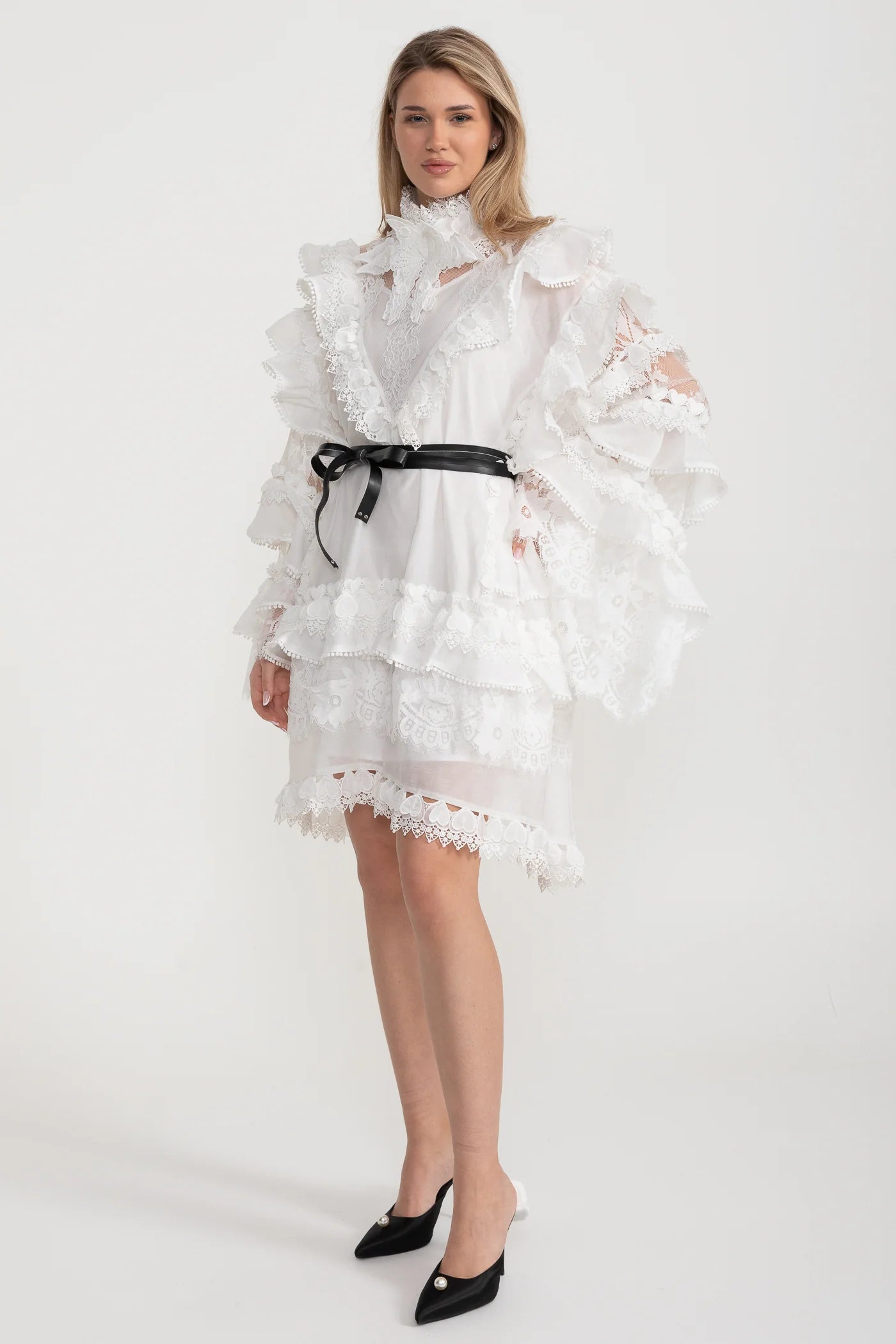 Victorian-Inspired Ruffled Lace Mini Dress – White