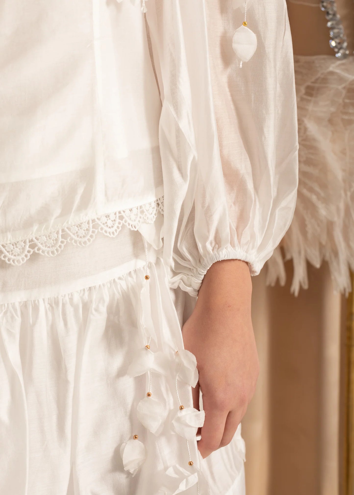 Flower Co-Ord With High Neckline, Lace And Adornments - White