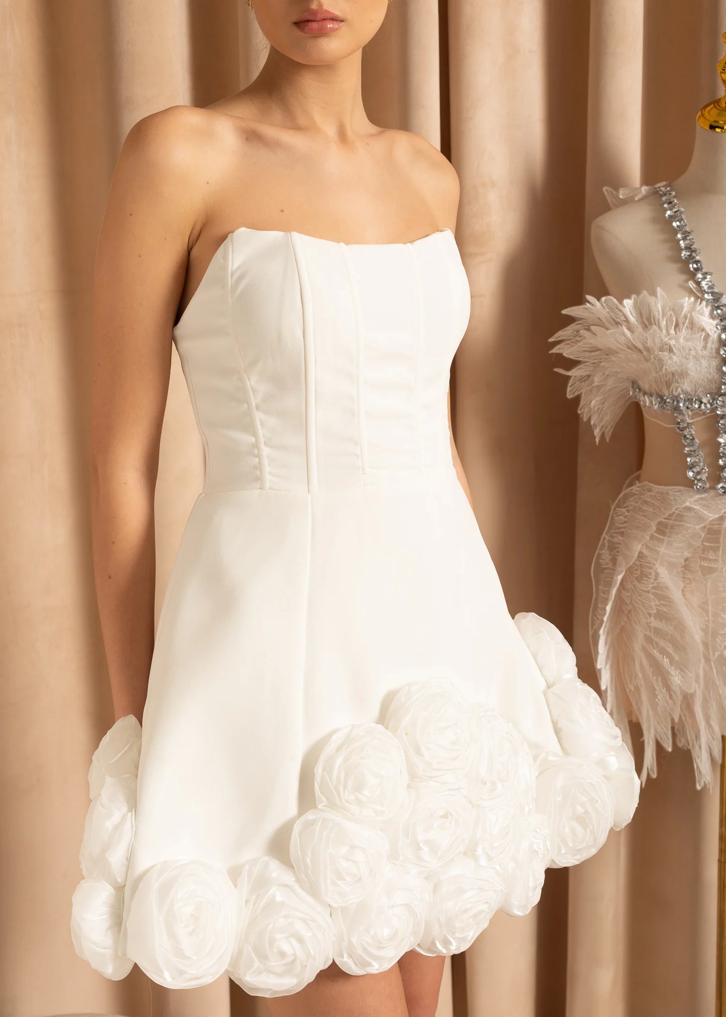 Sleeveless Fitted Mini Dress With 3D Roses On Hem - White