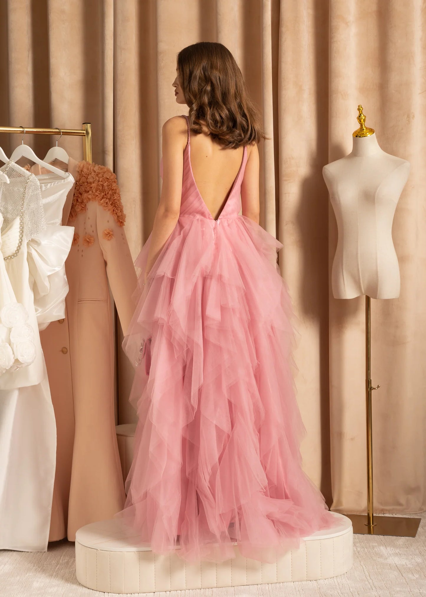 Elegant Tulle Gown With Flowing Full-Length Skirt - Peach