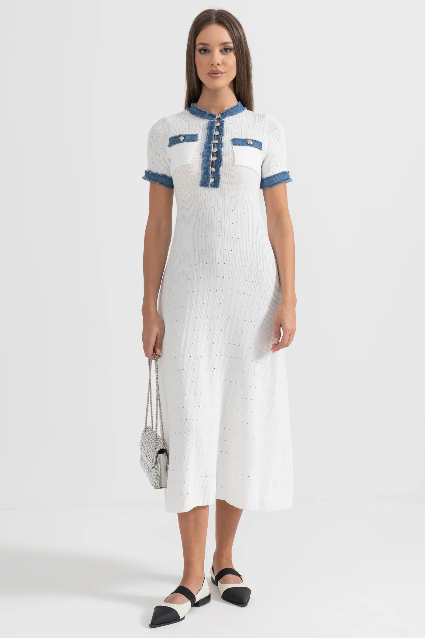 Textured Knit Midi Dress With Blue Details - White