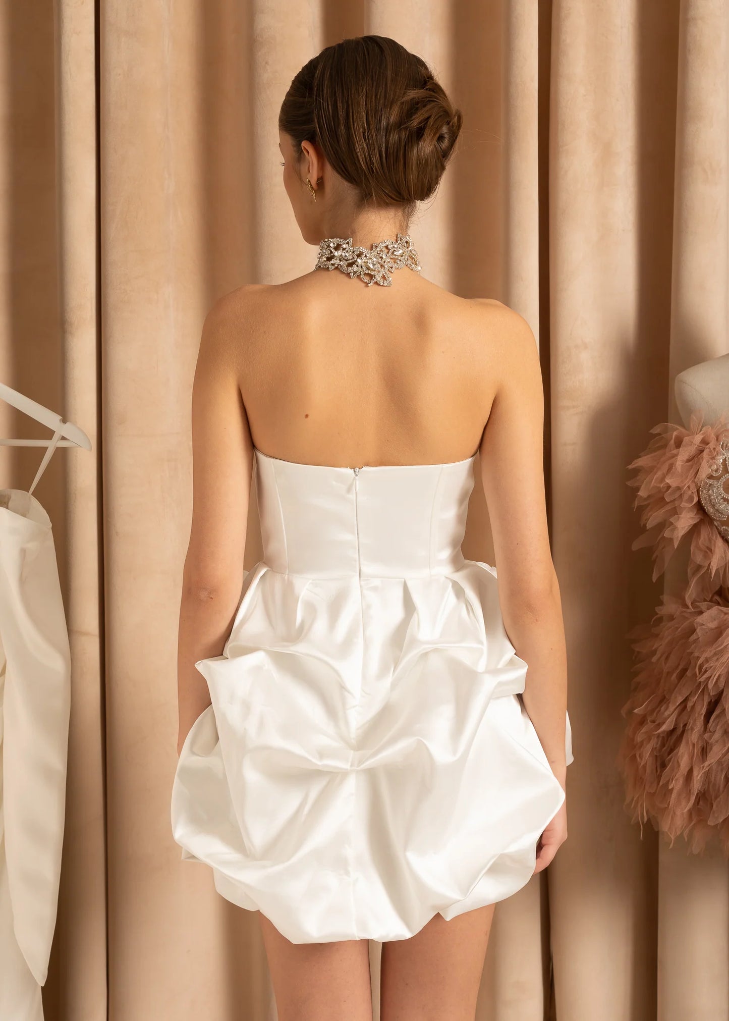 Sleeveless Satin Mini Dress With 3D Floral Mini Skirt - White