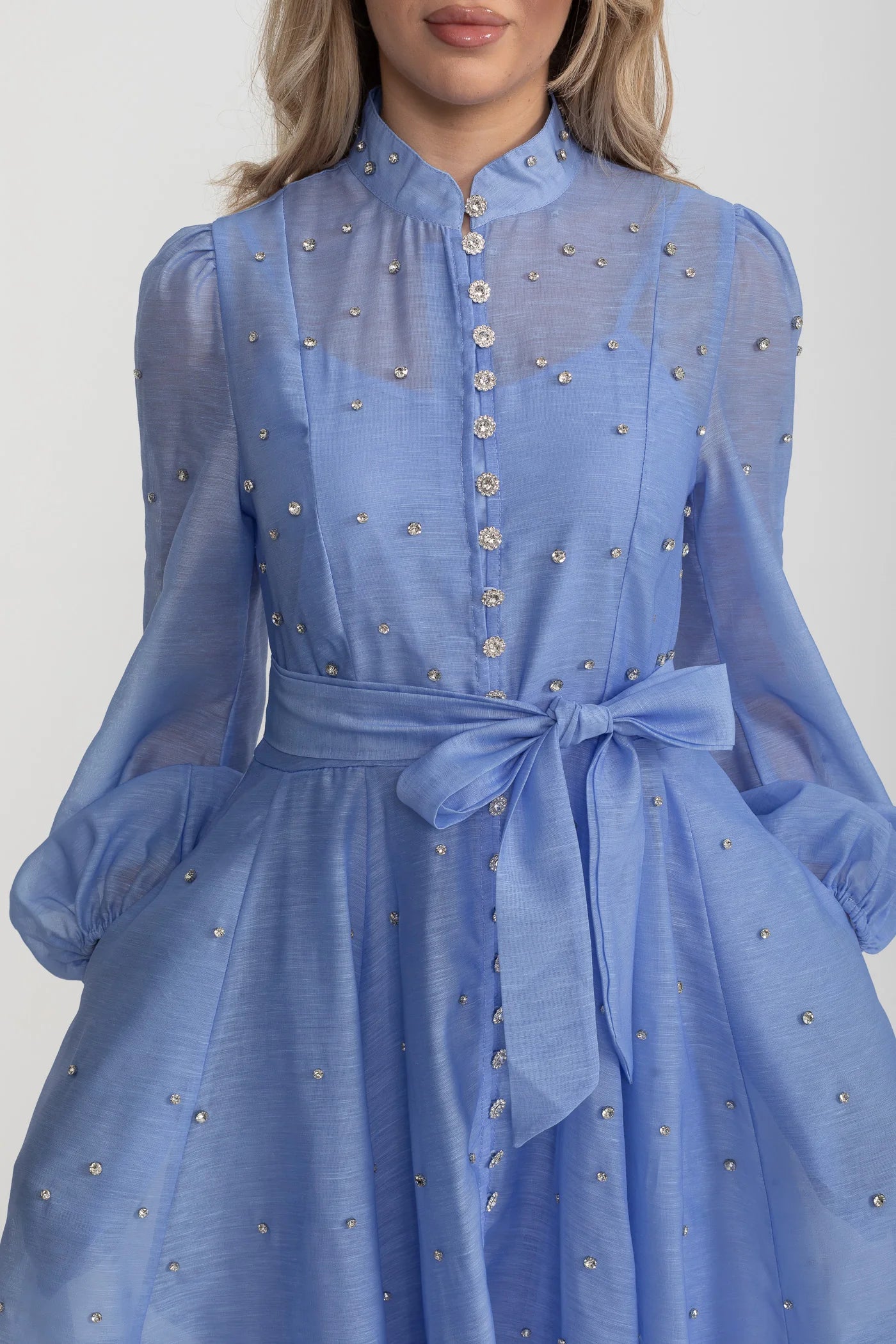Long Sleeve Mini Dress with Crystal Embellishments - Blue