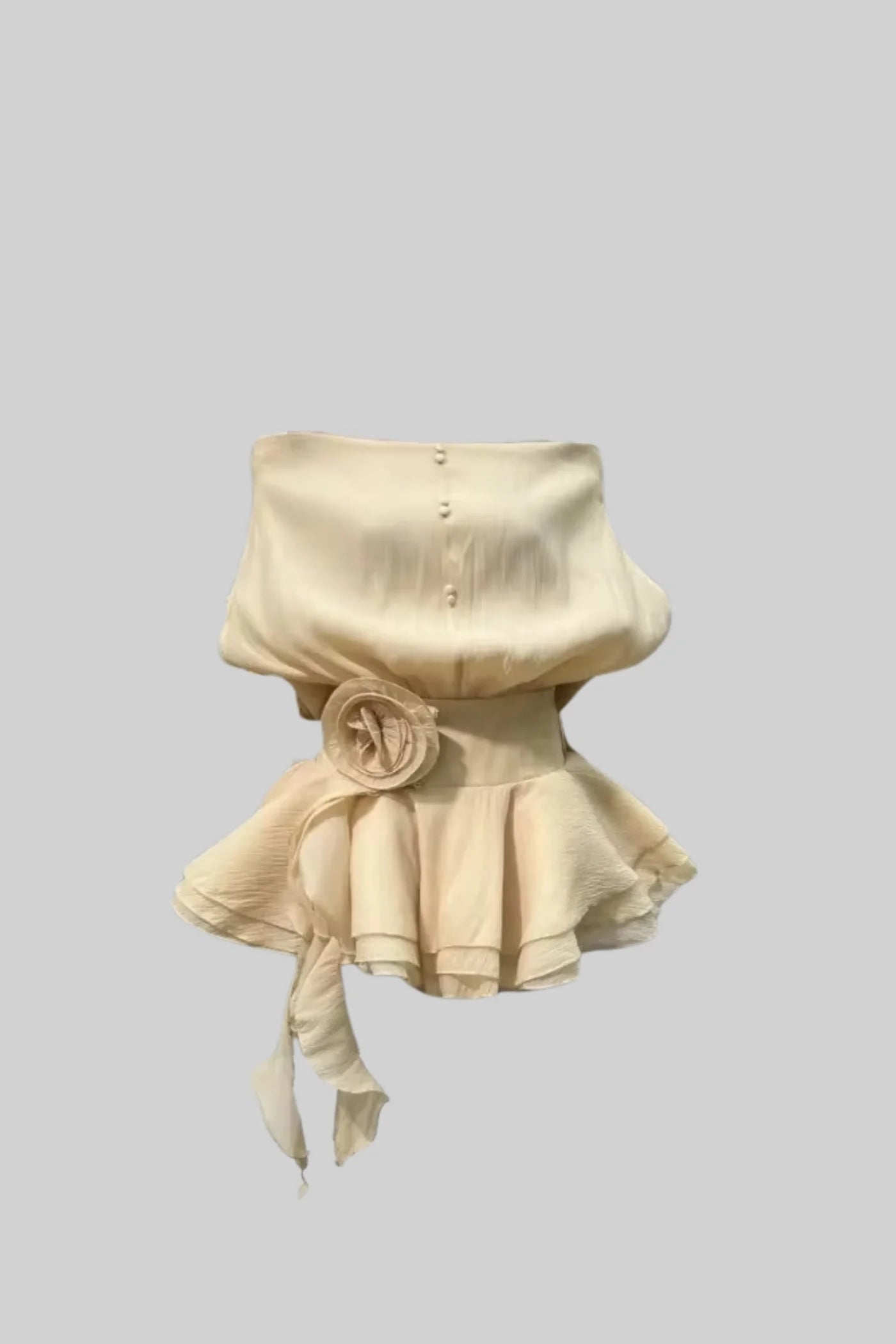 Off-Shoulder Ruffled Romper with Rosette Waist Detail - Beige